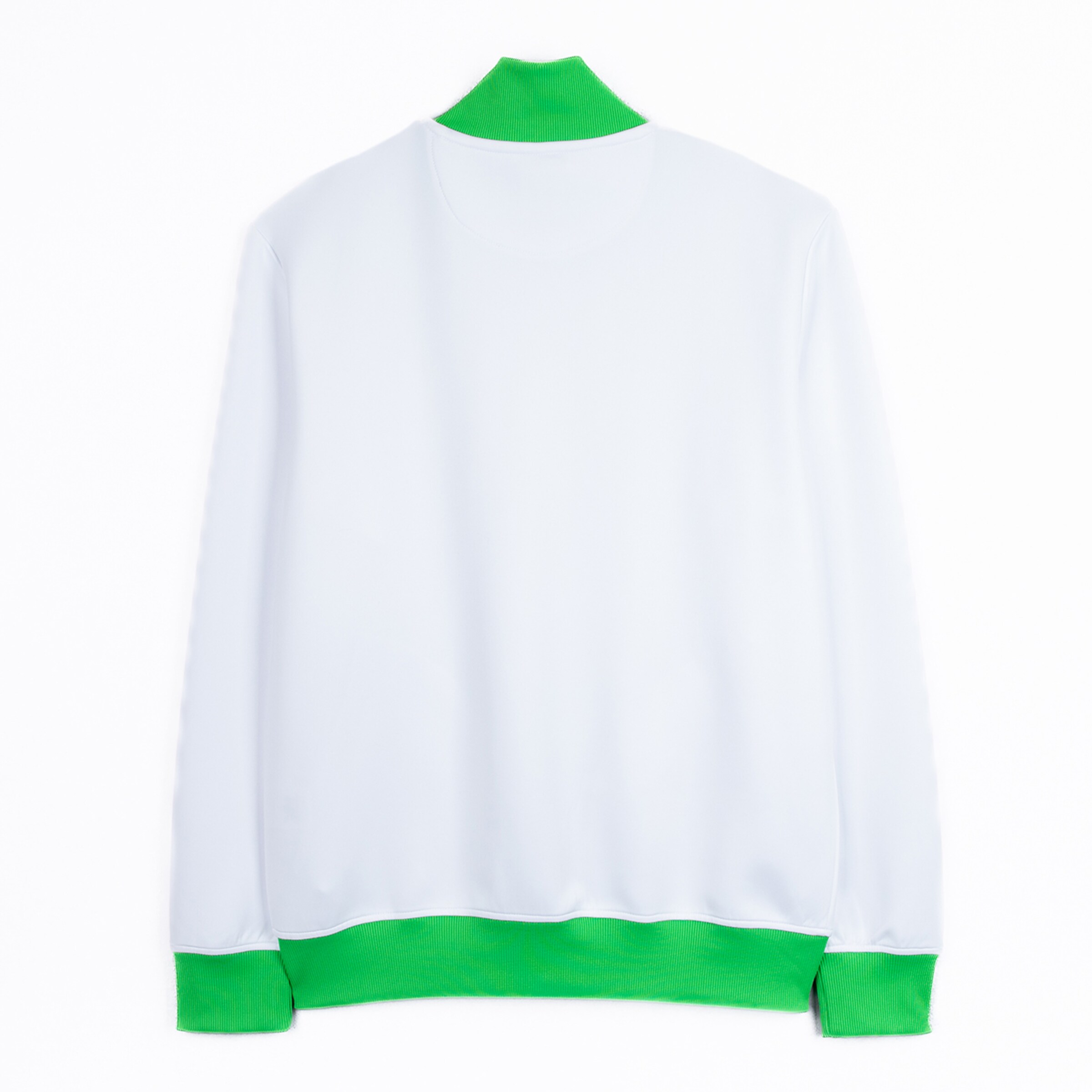 A white sweatshirt with a green collar and cuffs on the back.