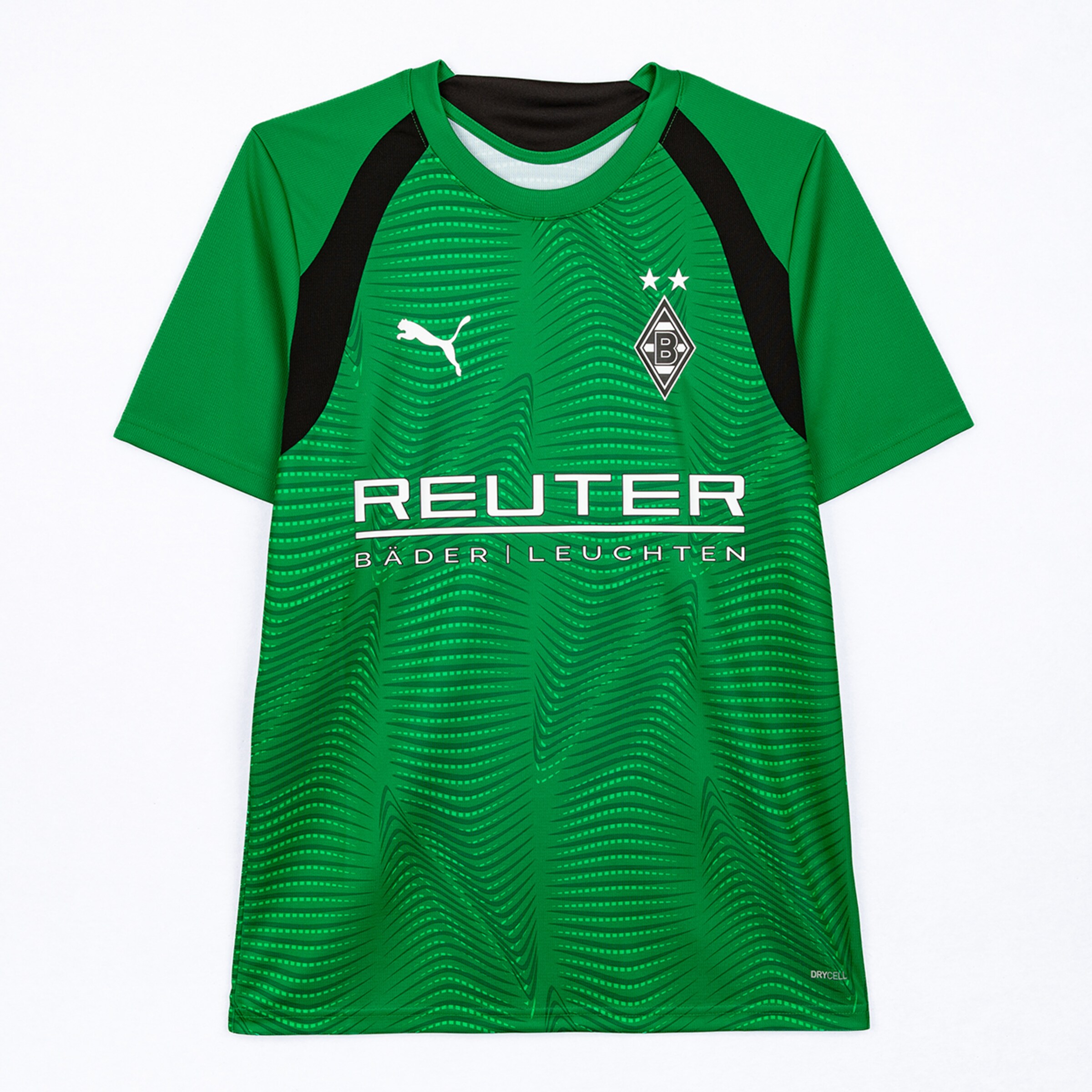 Green Borussia Mönchengladbach goalkeeper jersey by Puma with black collar and sides, Reuter sponsor, and wavy pattern, displayed on a white background.