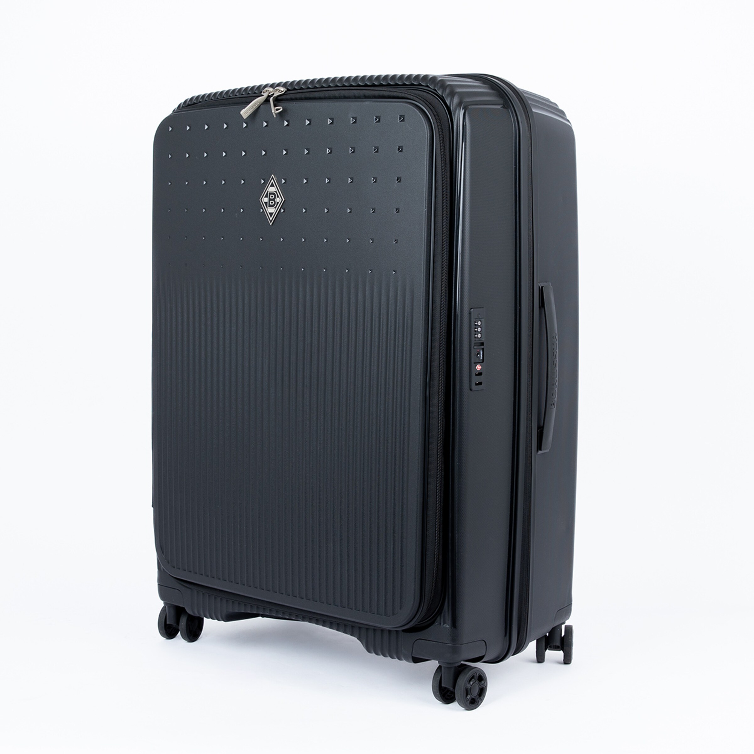 Schwarzer Hartschalenkoffer mit horizontalen Rillen und vier Rollen.