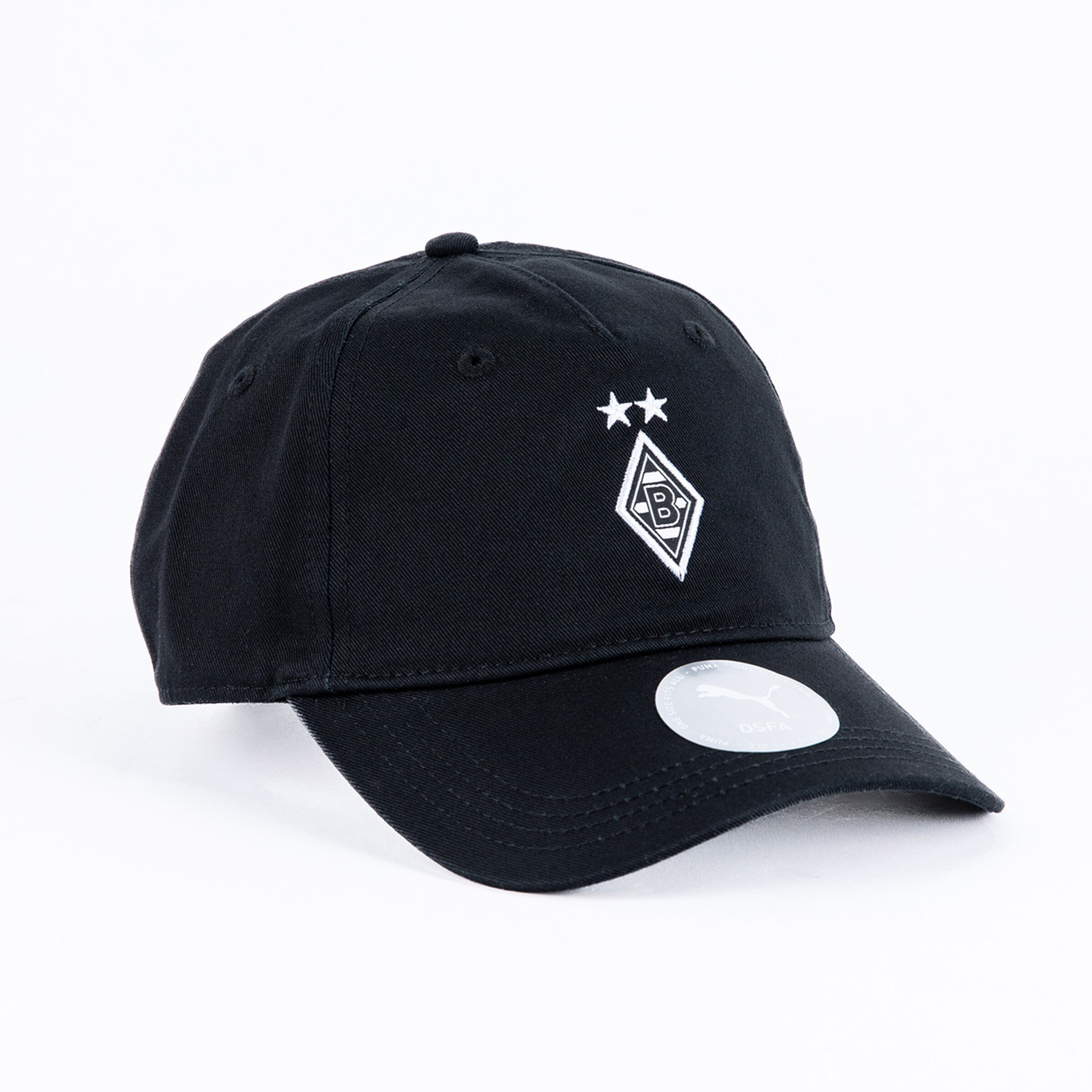 Schwarze Baseballmütze mit Borussia Mönchengladbach Logo und zwei Sternen.