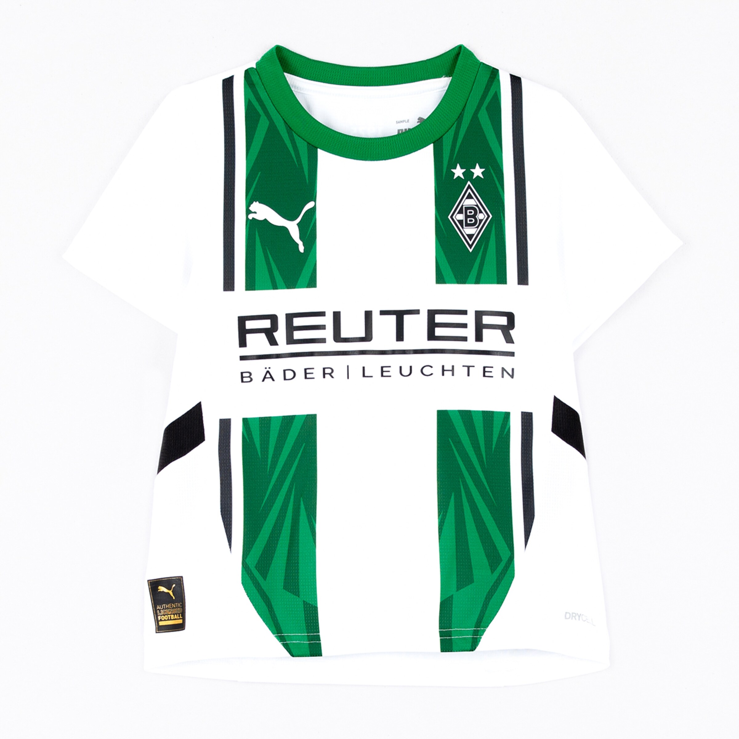 Kindertrikot von Borussia Mönchengladbach mit grün-weißen Streifen und Sponsorenschriftzug.