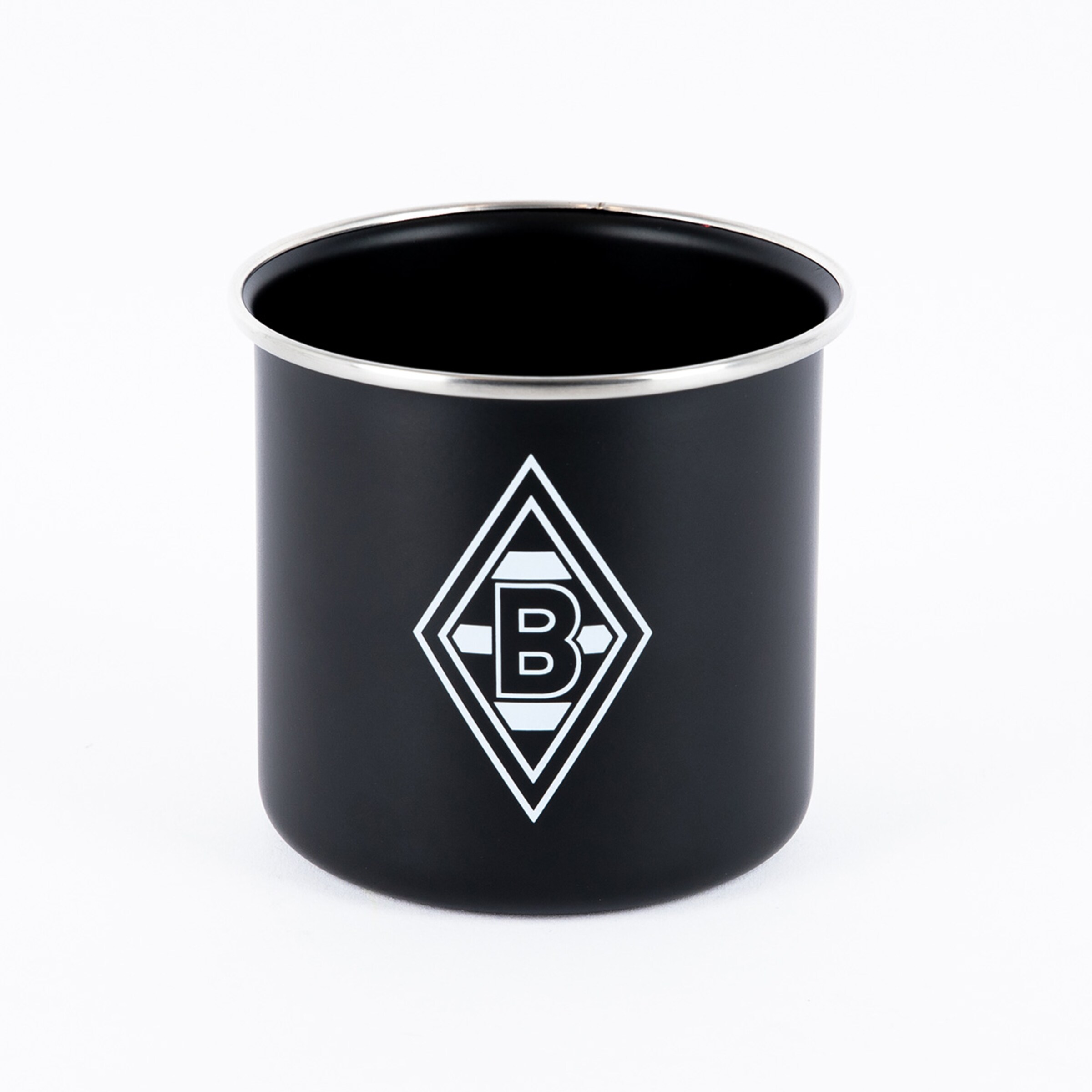 Black metal cup featuring Borussia Mönchengladbach logo.