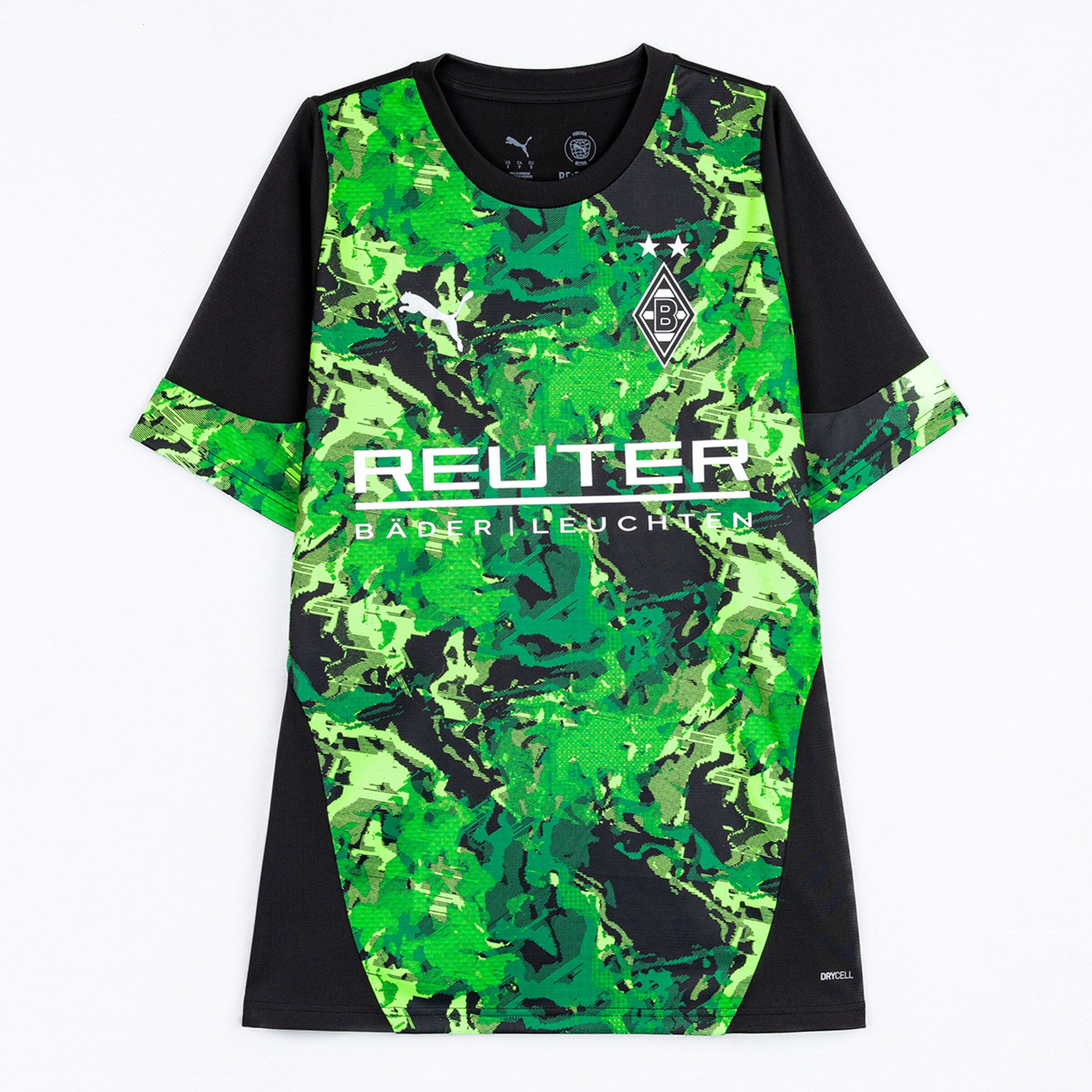 Grünes Trikot mit schwarz-grünem Camouflage-Muster und Vereinslogo von Borussia Mönchengladbach.