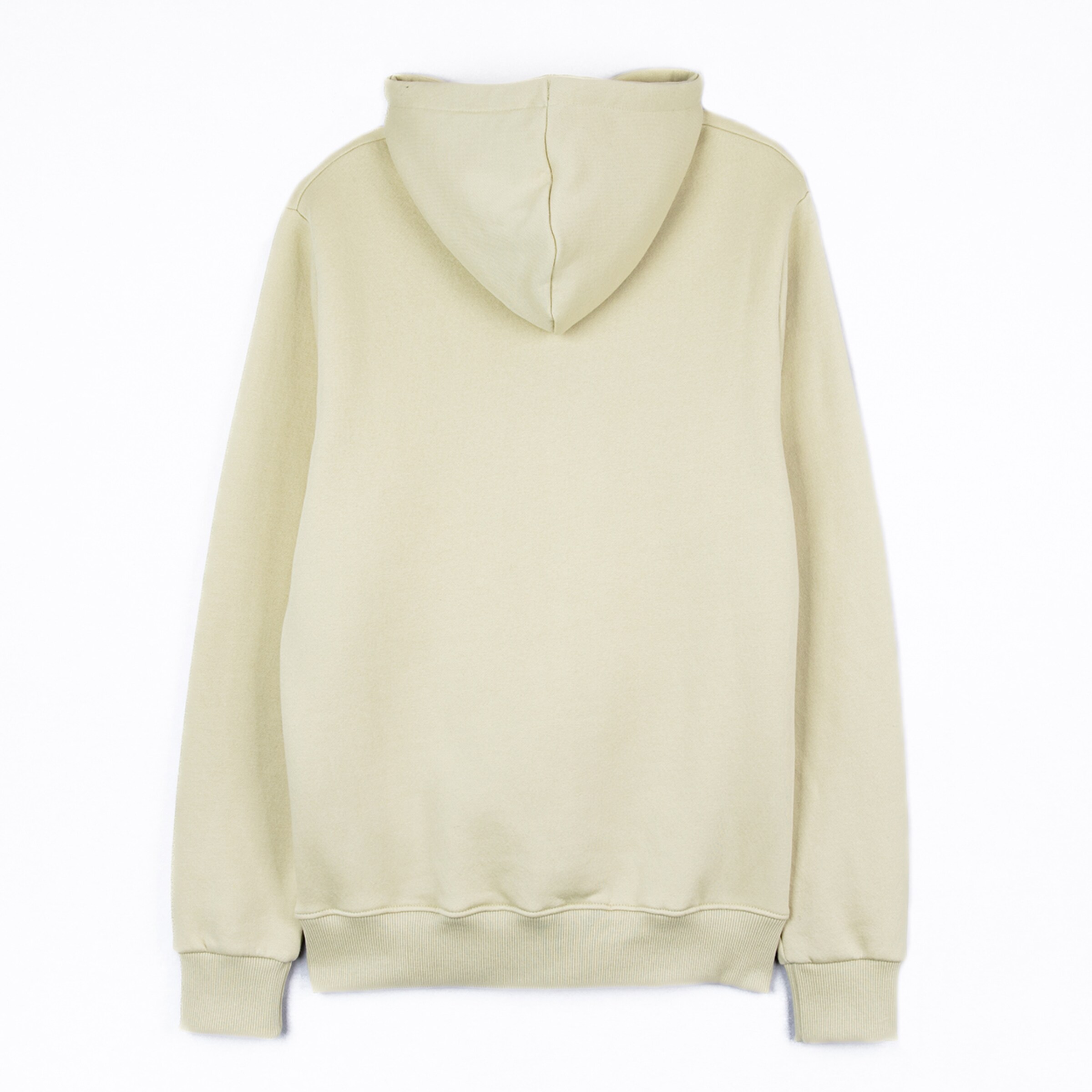 A light-colored cotton hoodie with long sleeves and a kangaroo pocket.