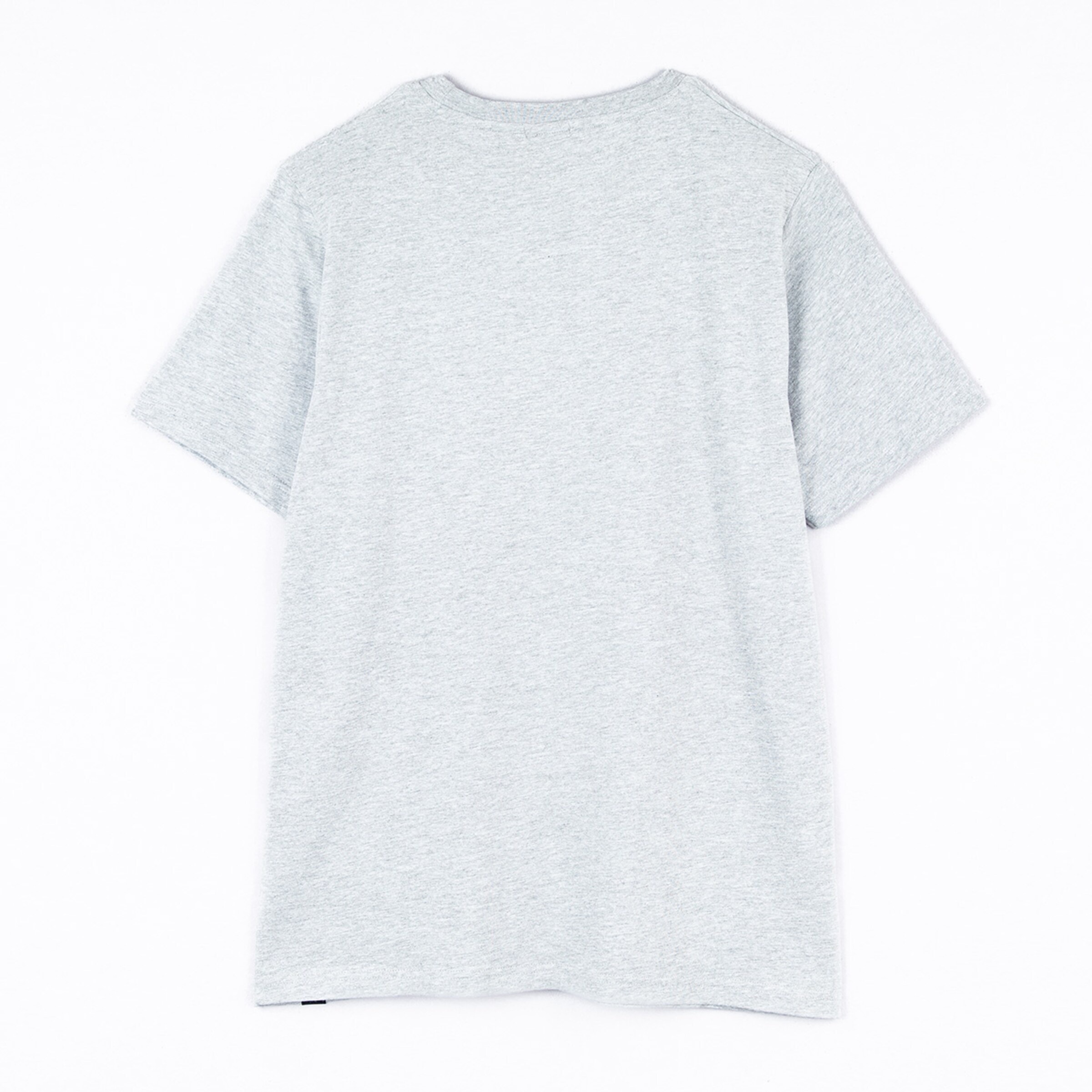 Rückansicht eines grauen T-Shirts ohne Aufdruck.