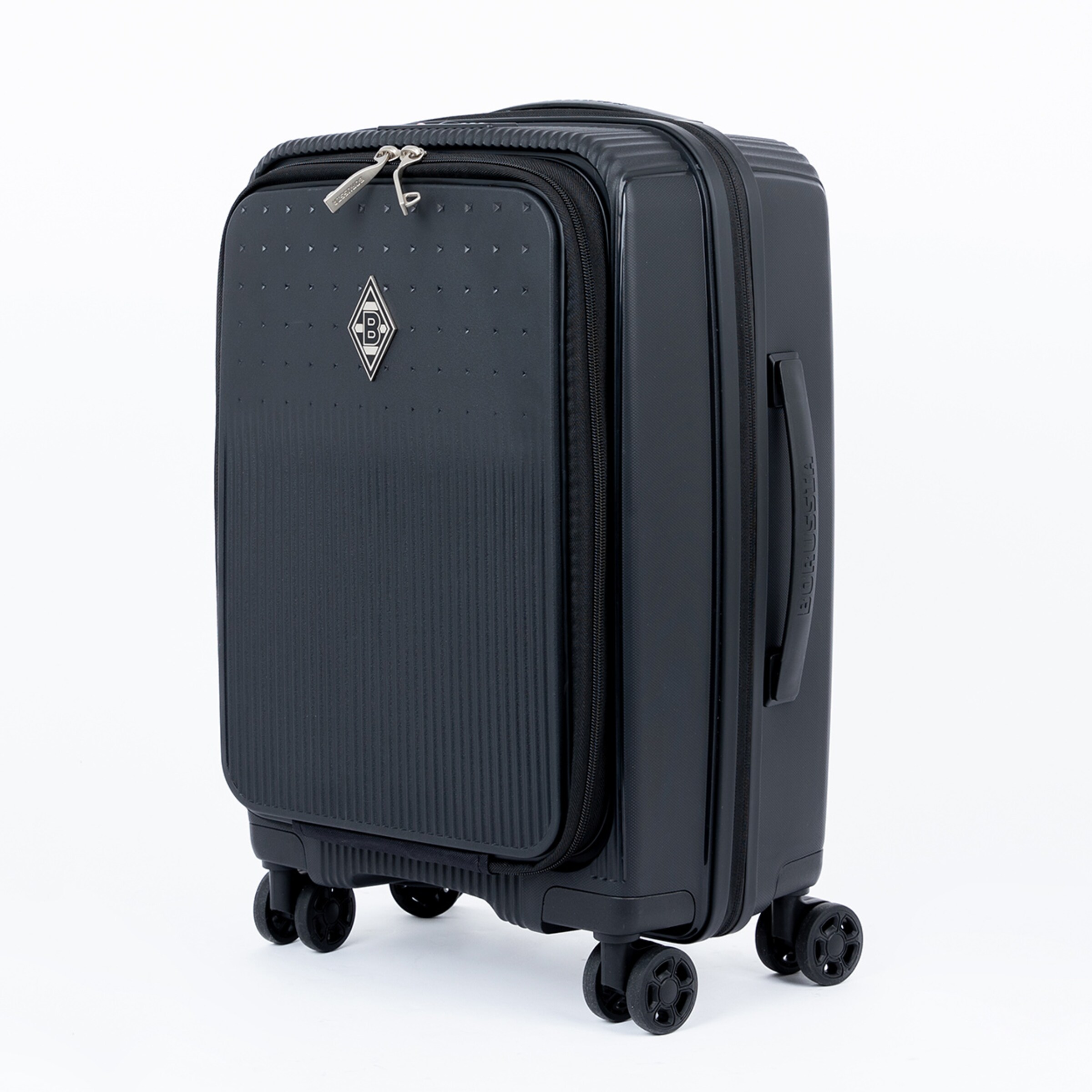 Black hard-shell suitcase with four wheels and Borussia Mönchengladbach logo
