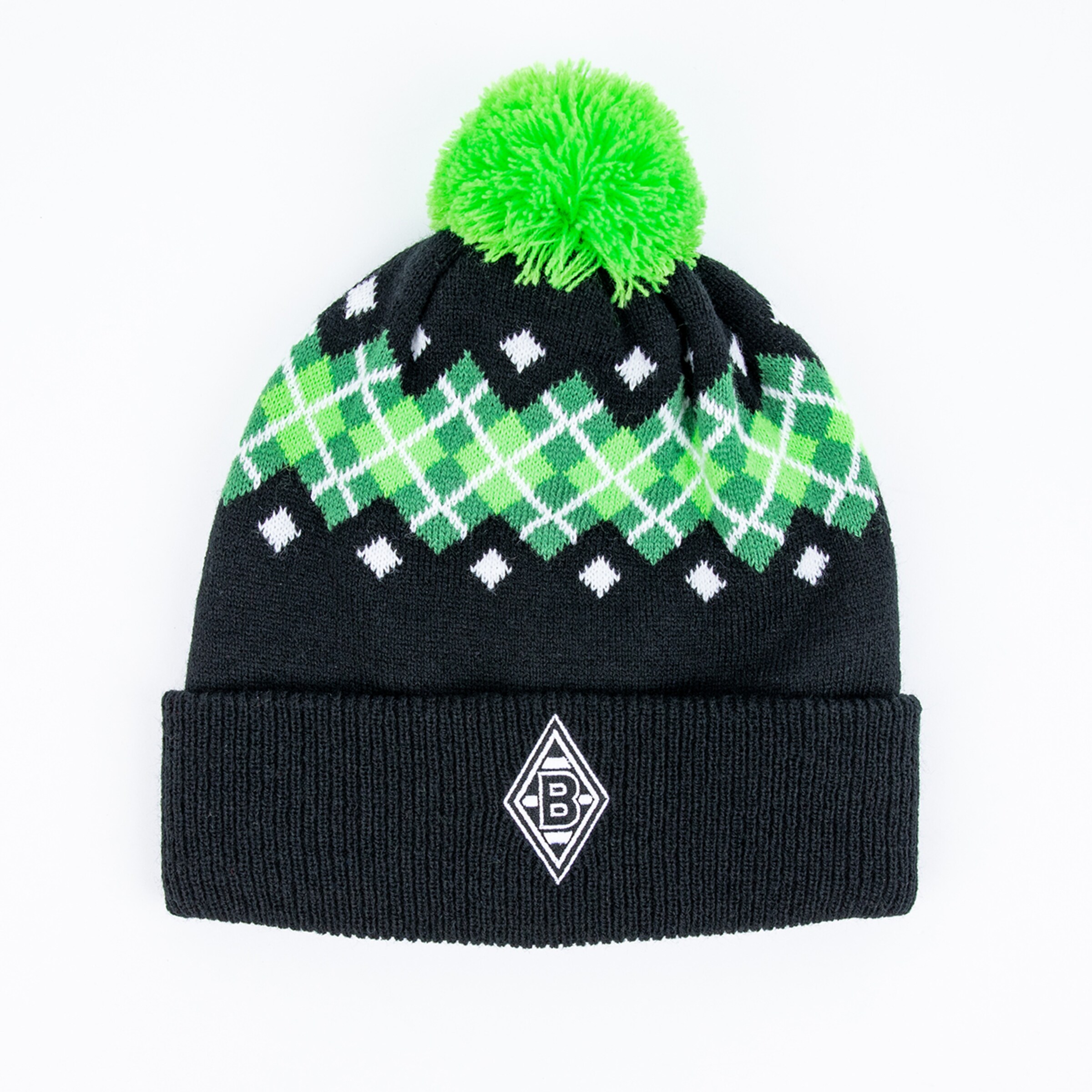 Black beanie with a green pom-pom checkered pattern and Borussia Mönchengladbach logo.