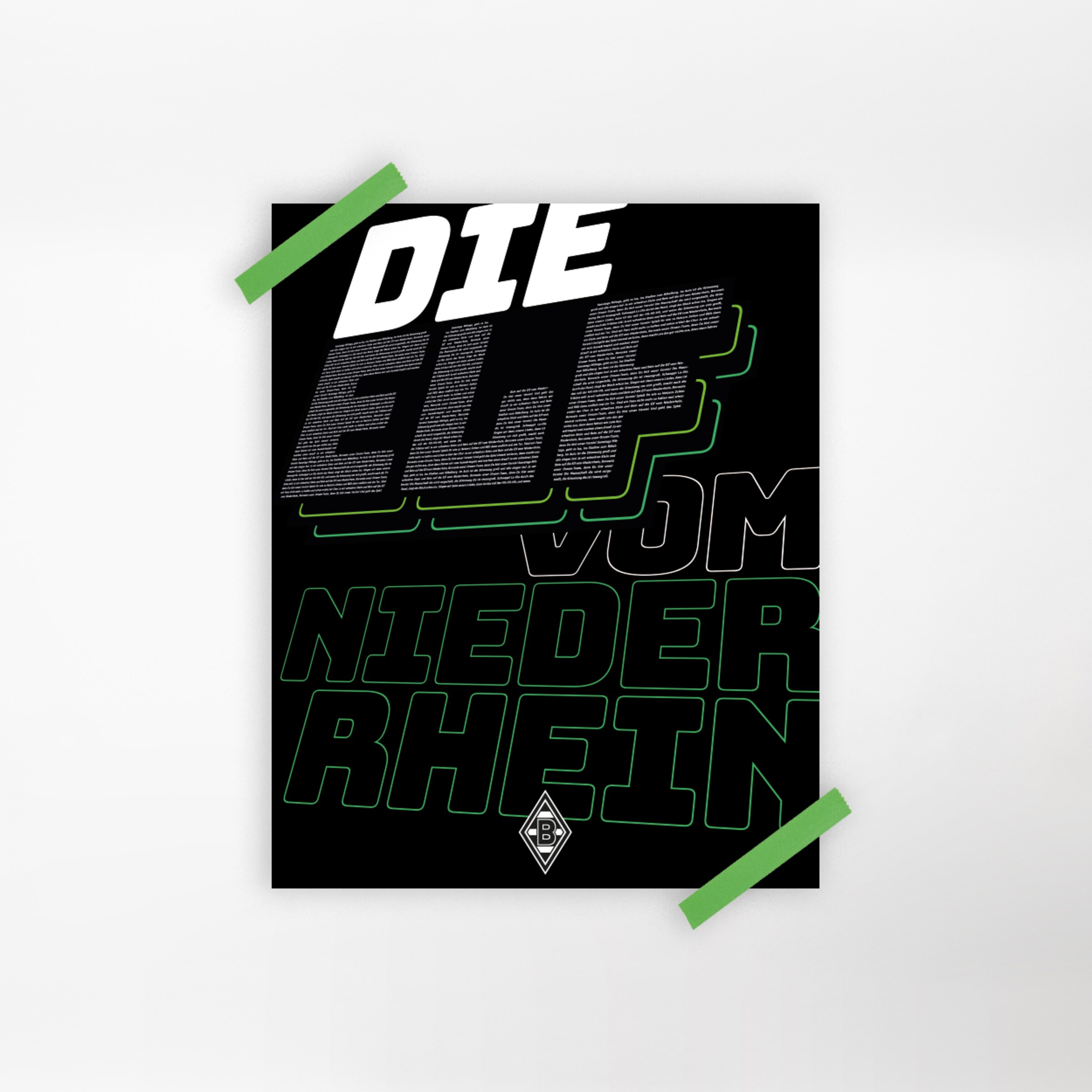 Plakat mit dem Text DIE ELF VOM NIEDERRHEIN in verschiedenen Schriftarten und einem Borussia Mönchengladbach Logo.