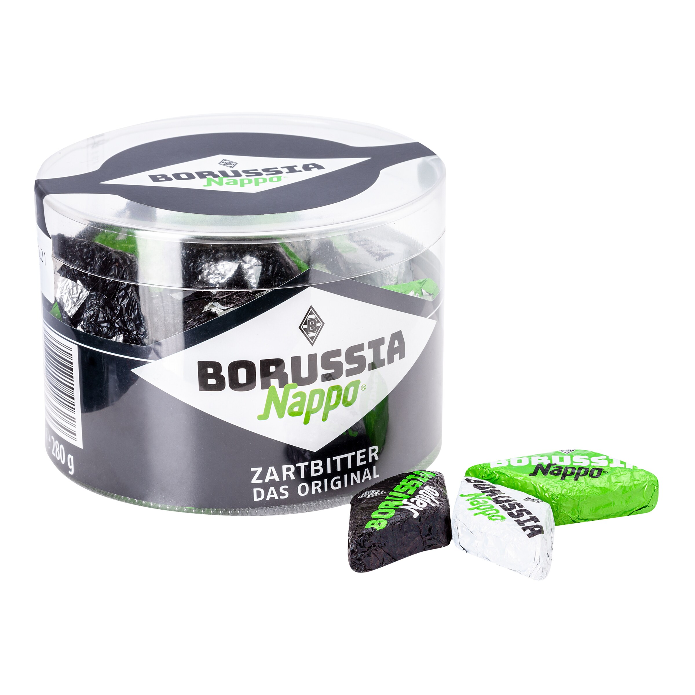 Eine runde Verpackung mit der Aufschrift Borussia Nappo Zartbitter Das Original und verschiedenen Schokoladensorten in Schwarz und Grün.
