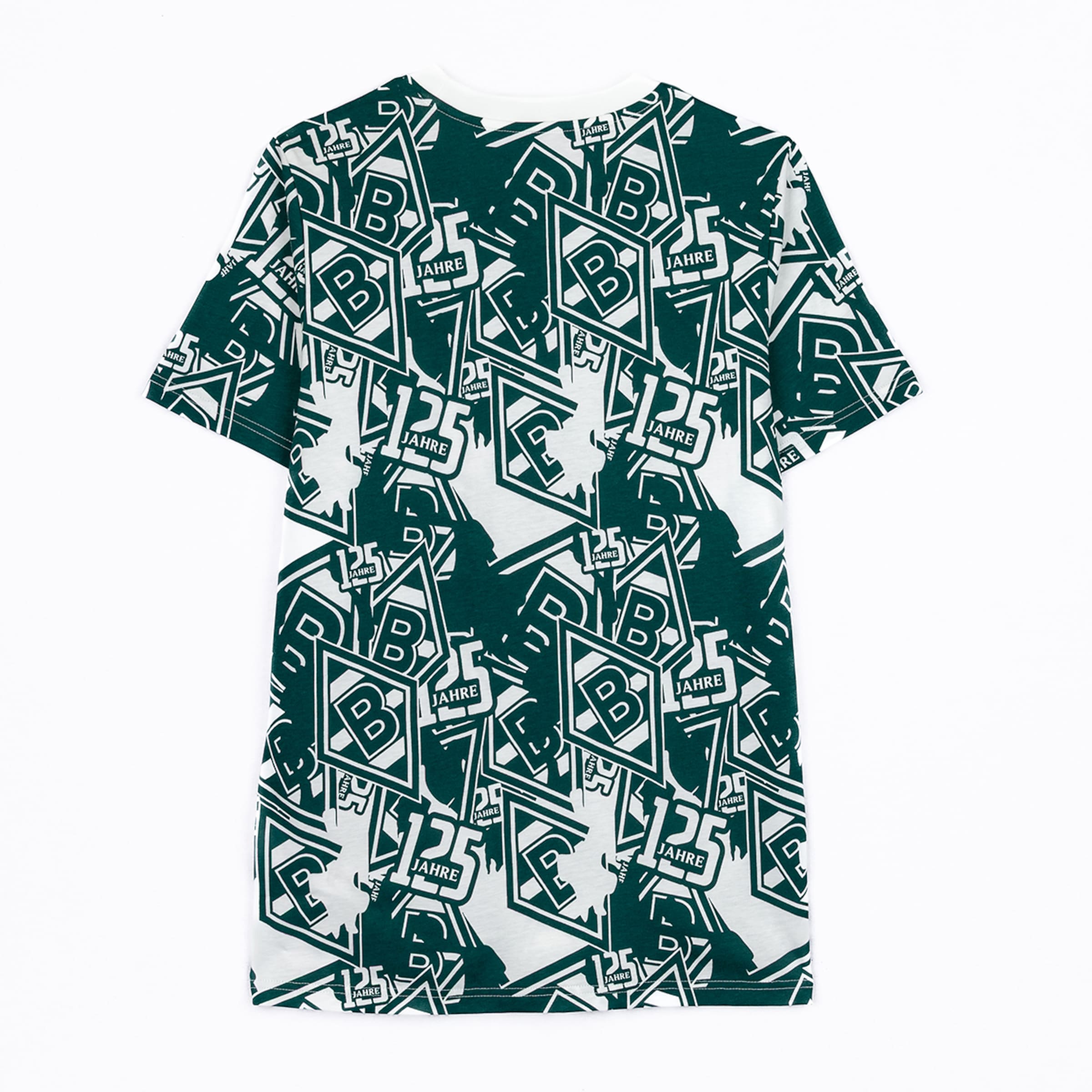 Dunkelgrünes Borussia Mönchengladbach T-Shirt mit weißem Allover-Muster zum 125. Jubiläum. Rückansicht auf weißem Hintergrund.