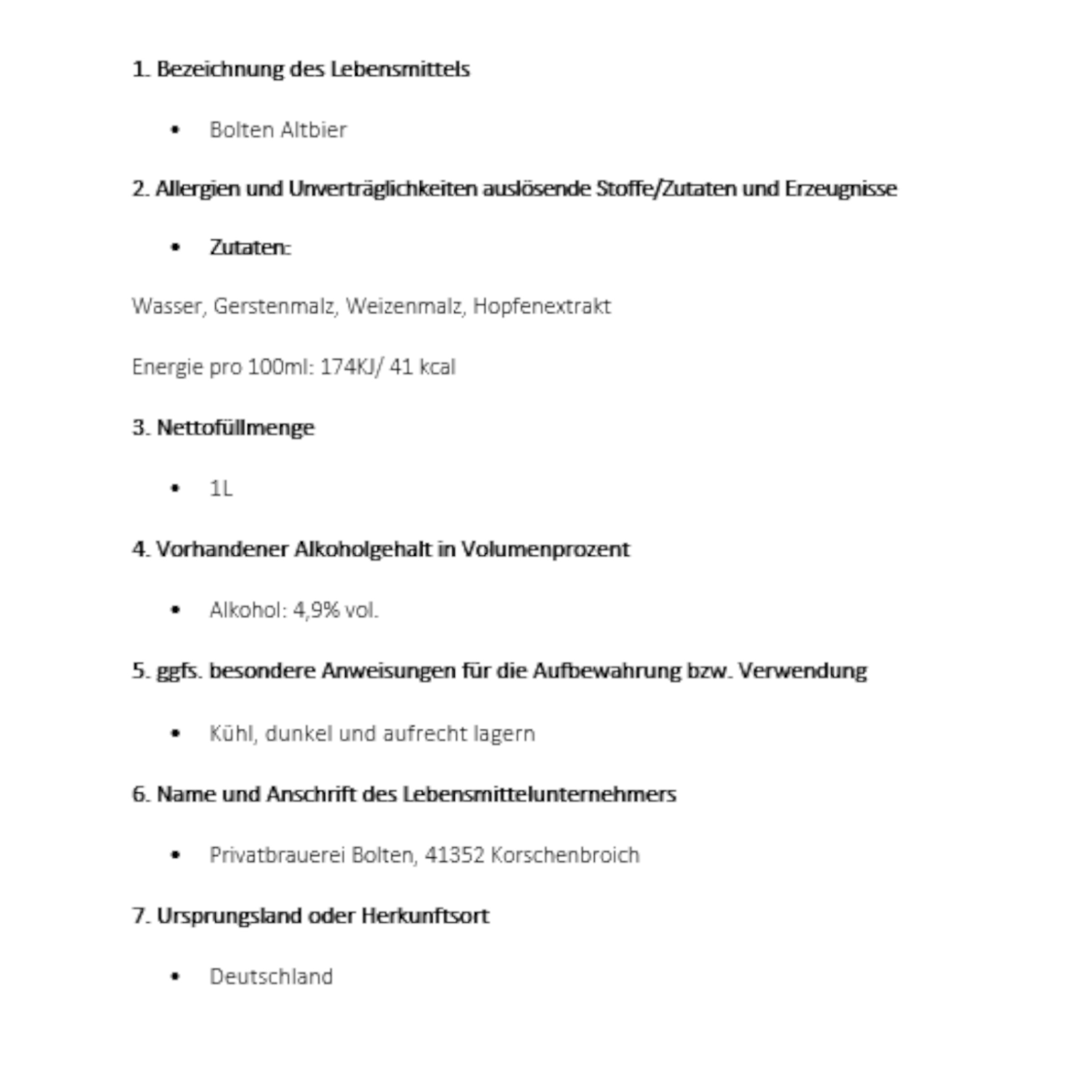 Lebensmittelangaben für Bolten Altbier 1L 4.9% Alkoholvolumen.