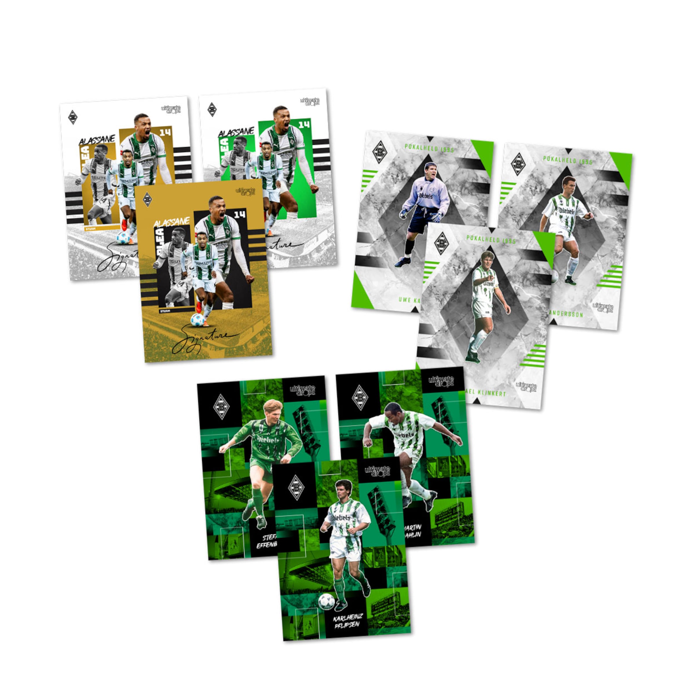 Sammelkarten von Borussia Mönchengladbach mit Alassane Pléa, den Pokalhelden von 1995 und Legenden wie Stefan Effenberg und Martin Dahlin.