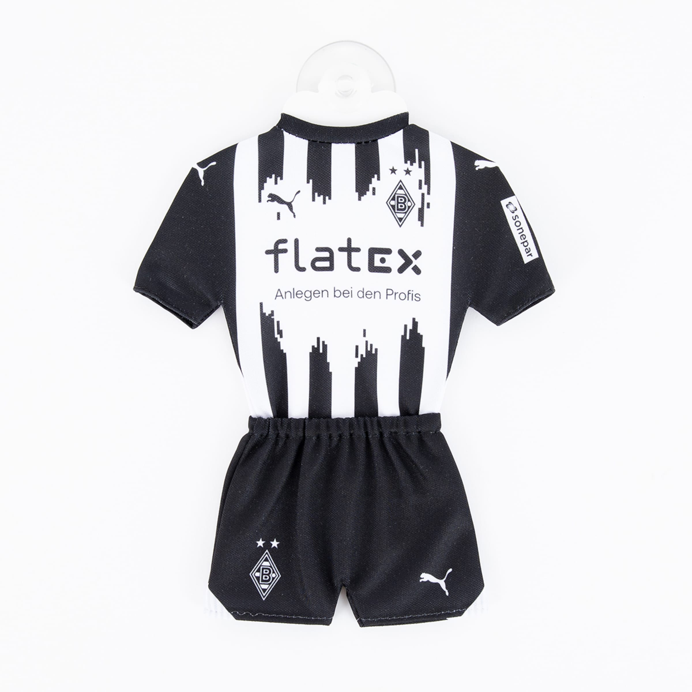 Miniatur-Trikot von Borussia Mönchengladbach schwarz-weiße Streifen mit Sponsorenlogo flatex.