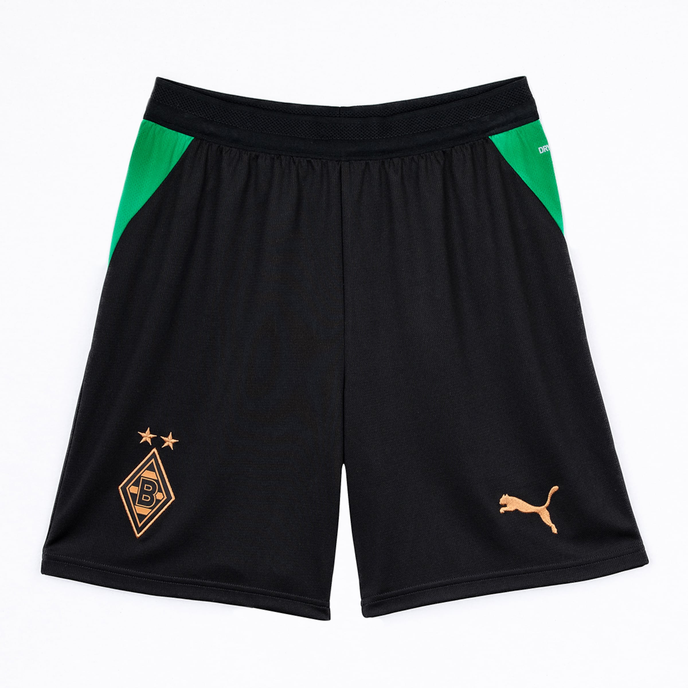 Black Puma Borussia Mönchengladbach shorts with green side details. Gold club crest on the left leg and Puma logo on the right. White background.