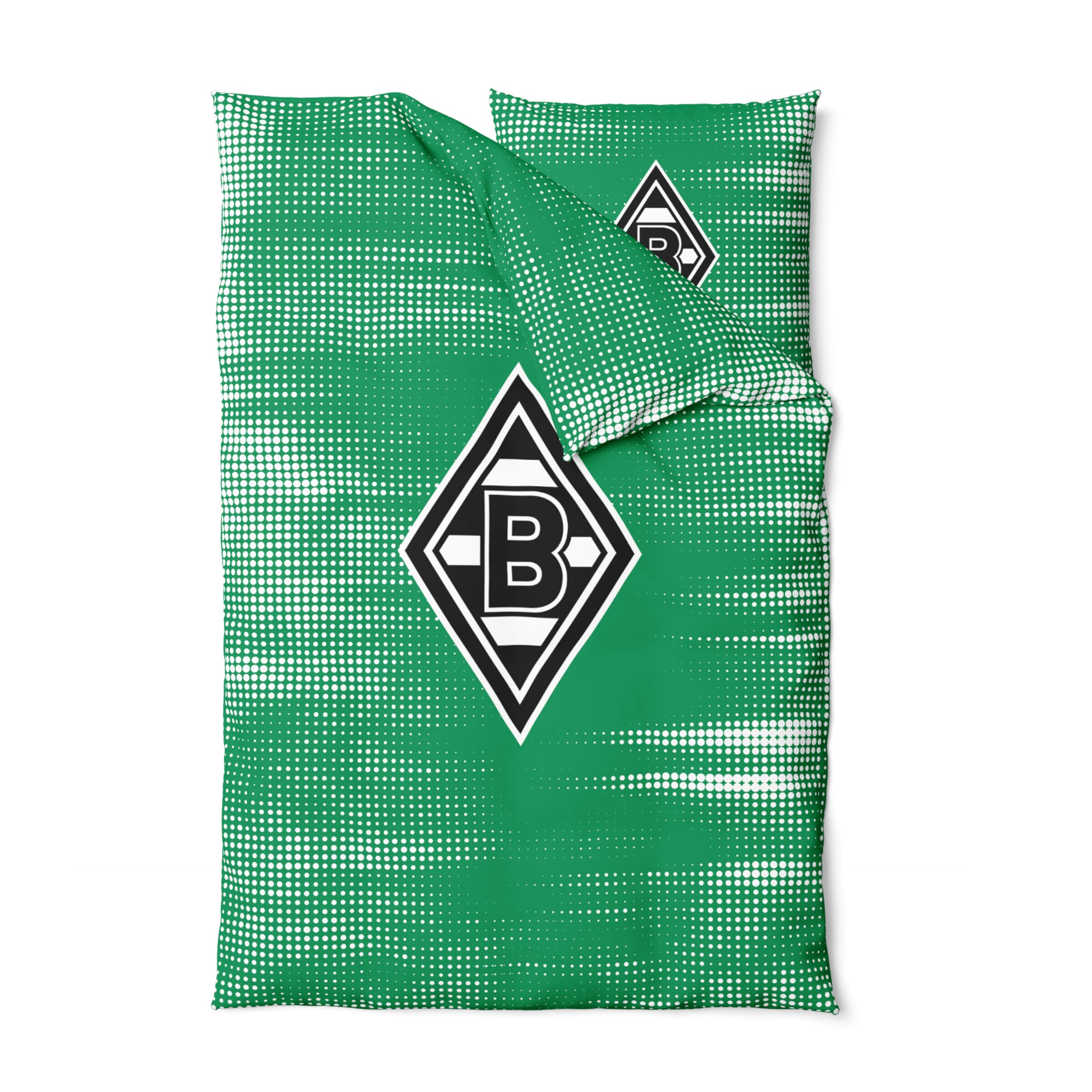 Green bedding set featuring Borussia Mönchengladbach logo with dot pattern.