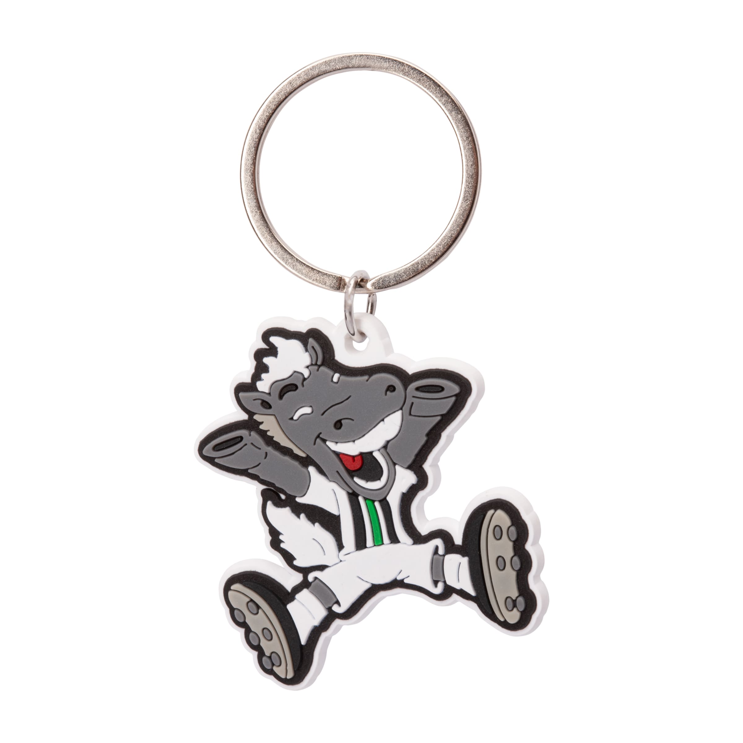 Ein Schlüsselanhänger mit dem Maskottchen Jünter das fröhlich posiert und sportliche Kleidung trägt.