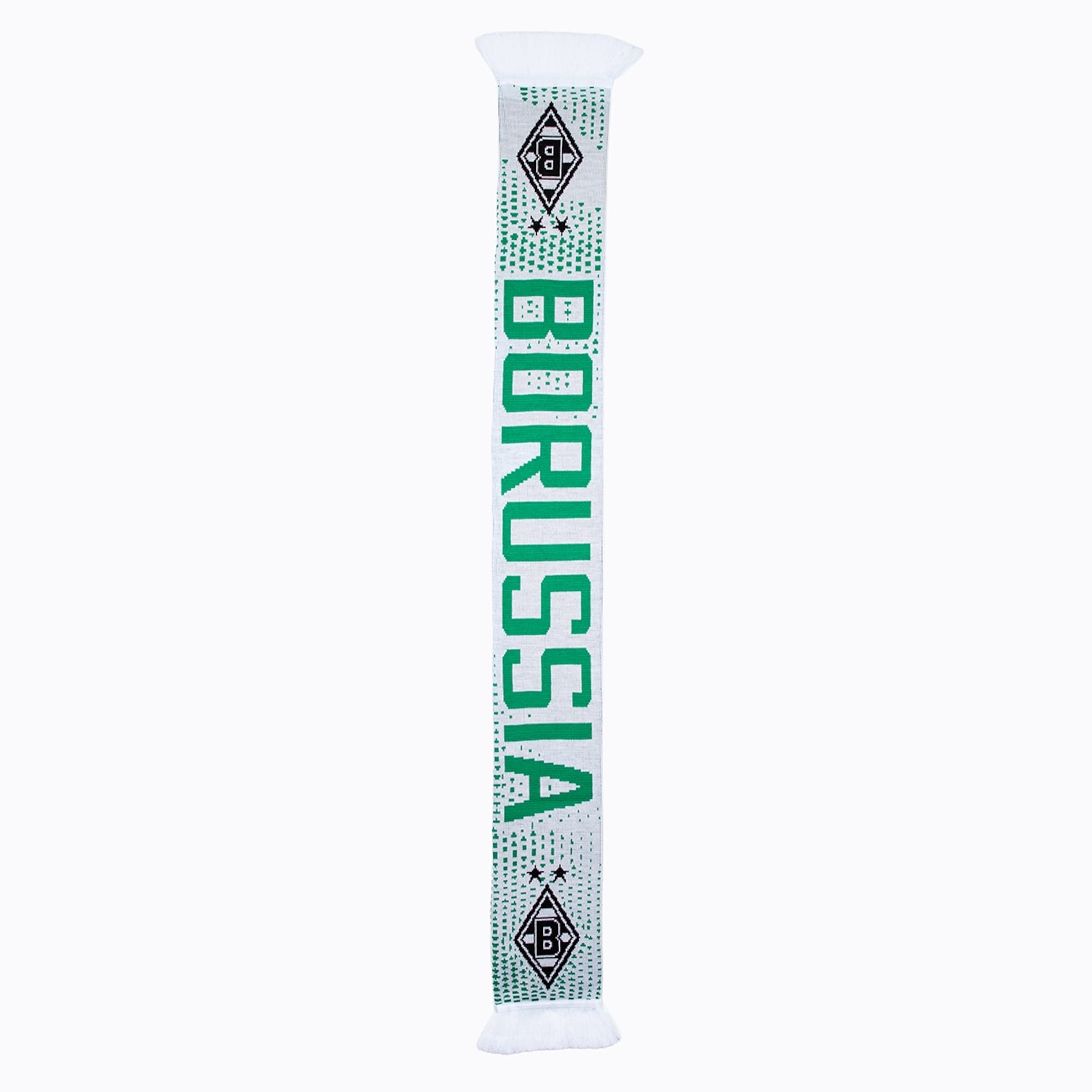 Weißer Borussia Mönchengladbach Schal mit grünem Schriftzug „BORUSSIA“, Rauten-Logos mit zwei Sternen und grünem Punktmuster.