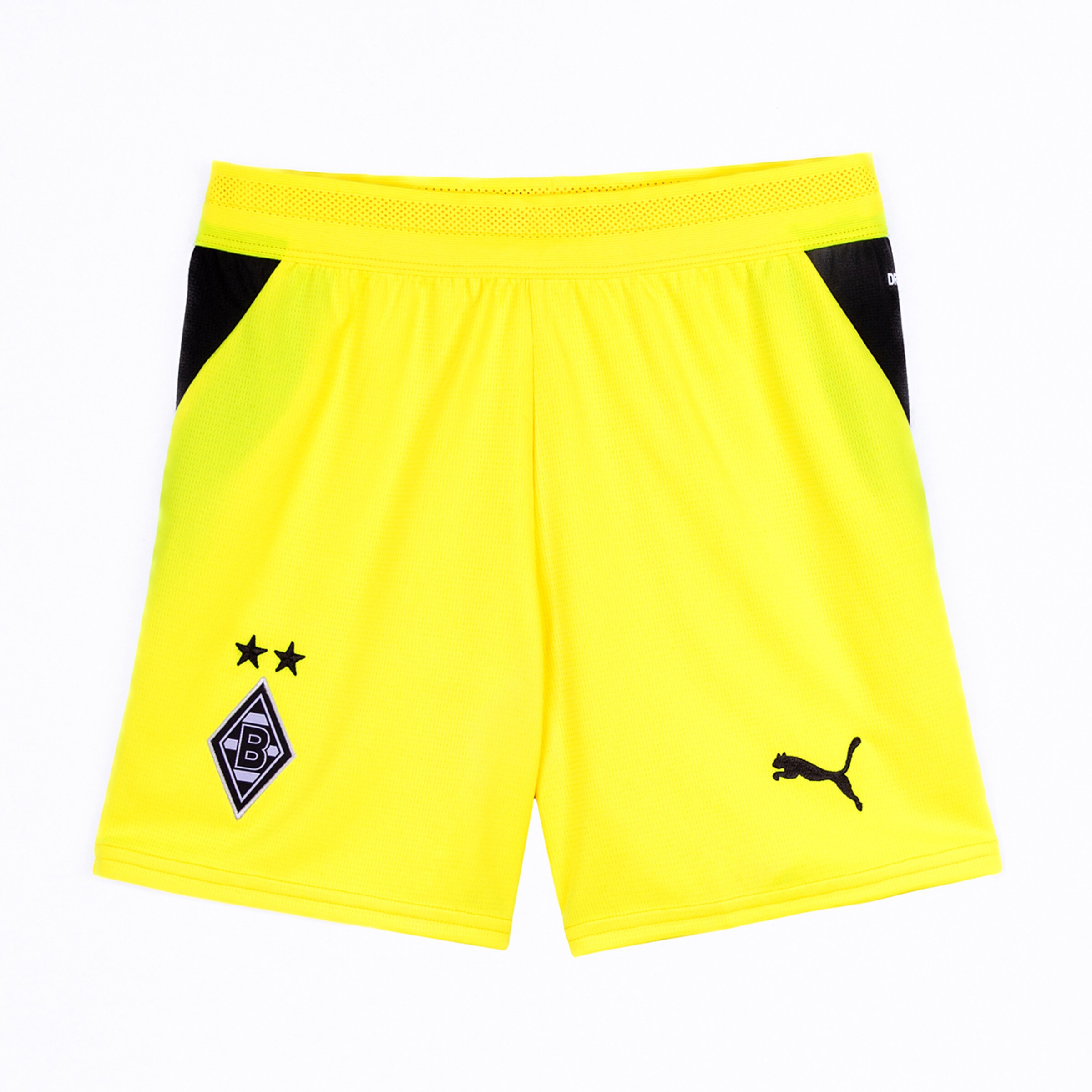 Yellow Puma sports shorts of Borussia Mönchengladbach with black side panels, club crest, two stars, and Puma logo on a white background.