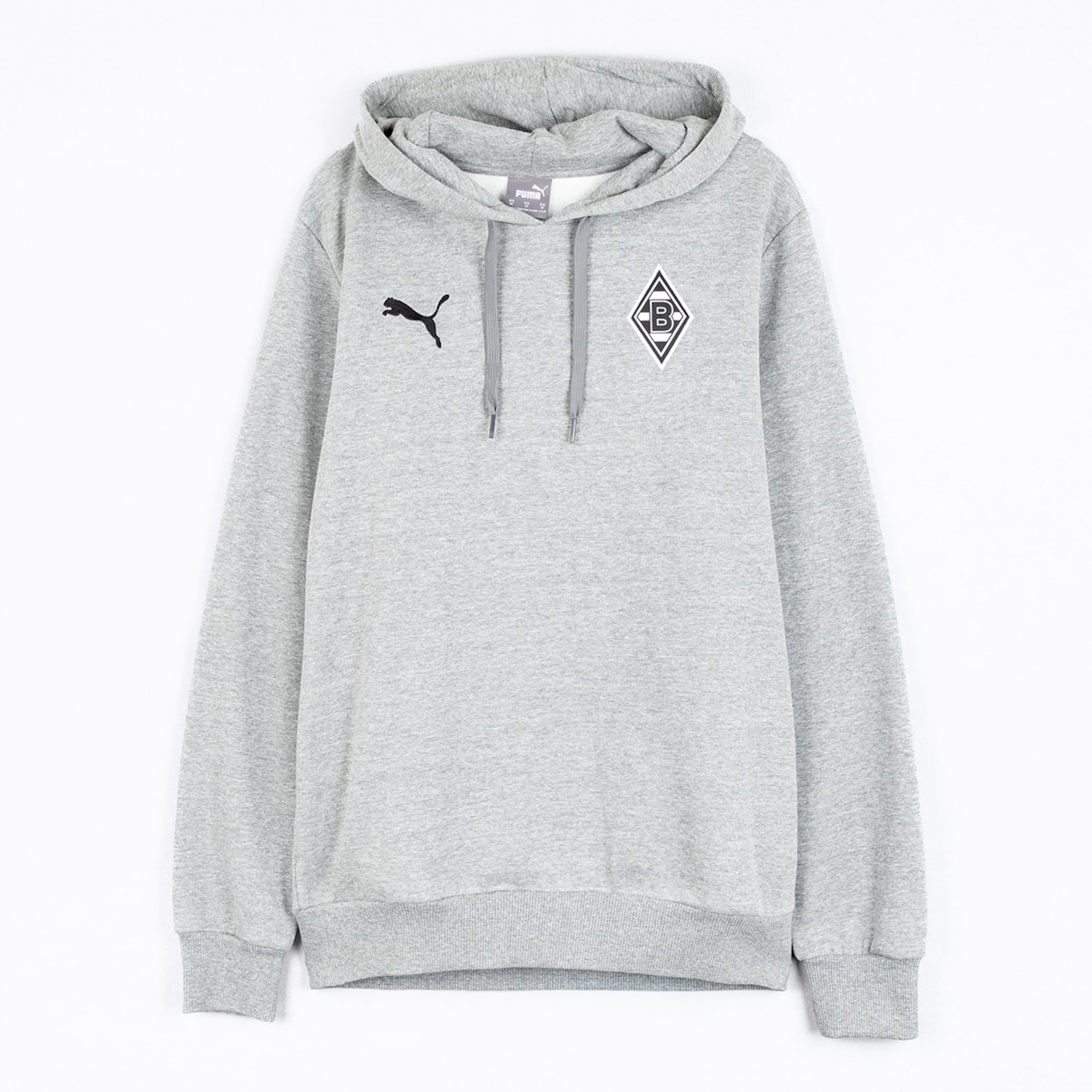 Grauer Hoodie von Puma mit Borussia Mönchengladbach-Logo.