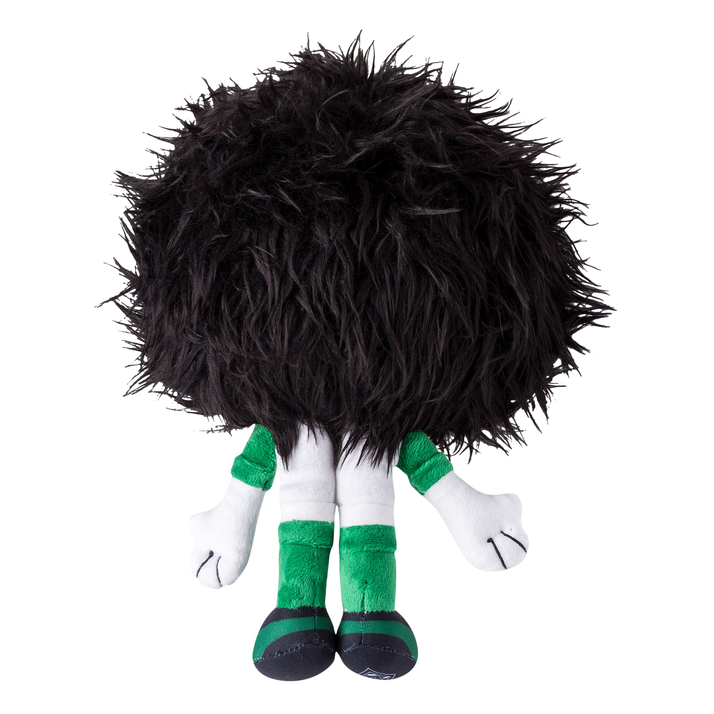 Plüschfigur von Jünter dem Maskottchen von Borussia Mönchengladbach mit grauem wuscheligem Fell sowie in grün-weißen Trikots.