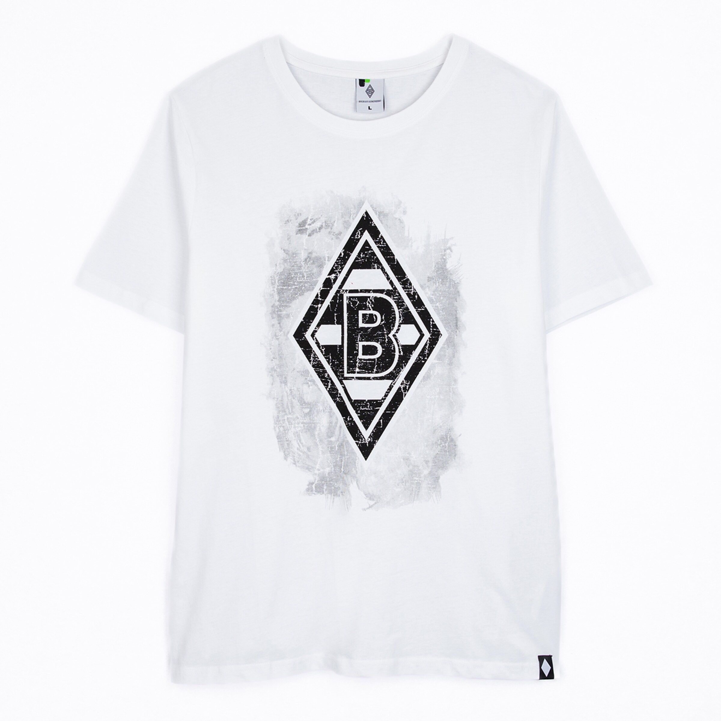 Weißes T-Shirt mit einem grauen strukturierten Borussia Mönchengladbach Logo.