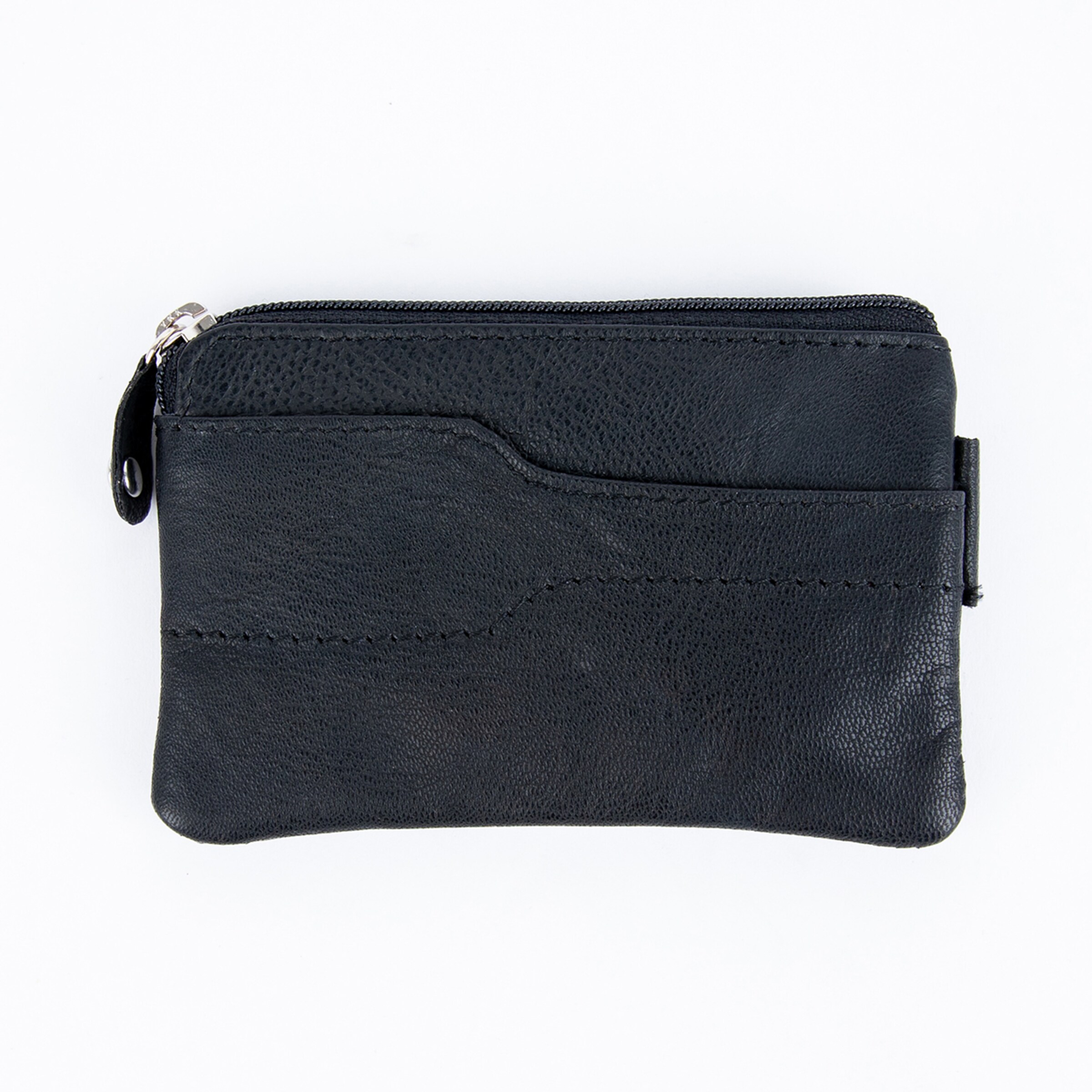 Schwarze Ledergeldbörse mit Reißverschluss und Kreditkartenfach.