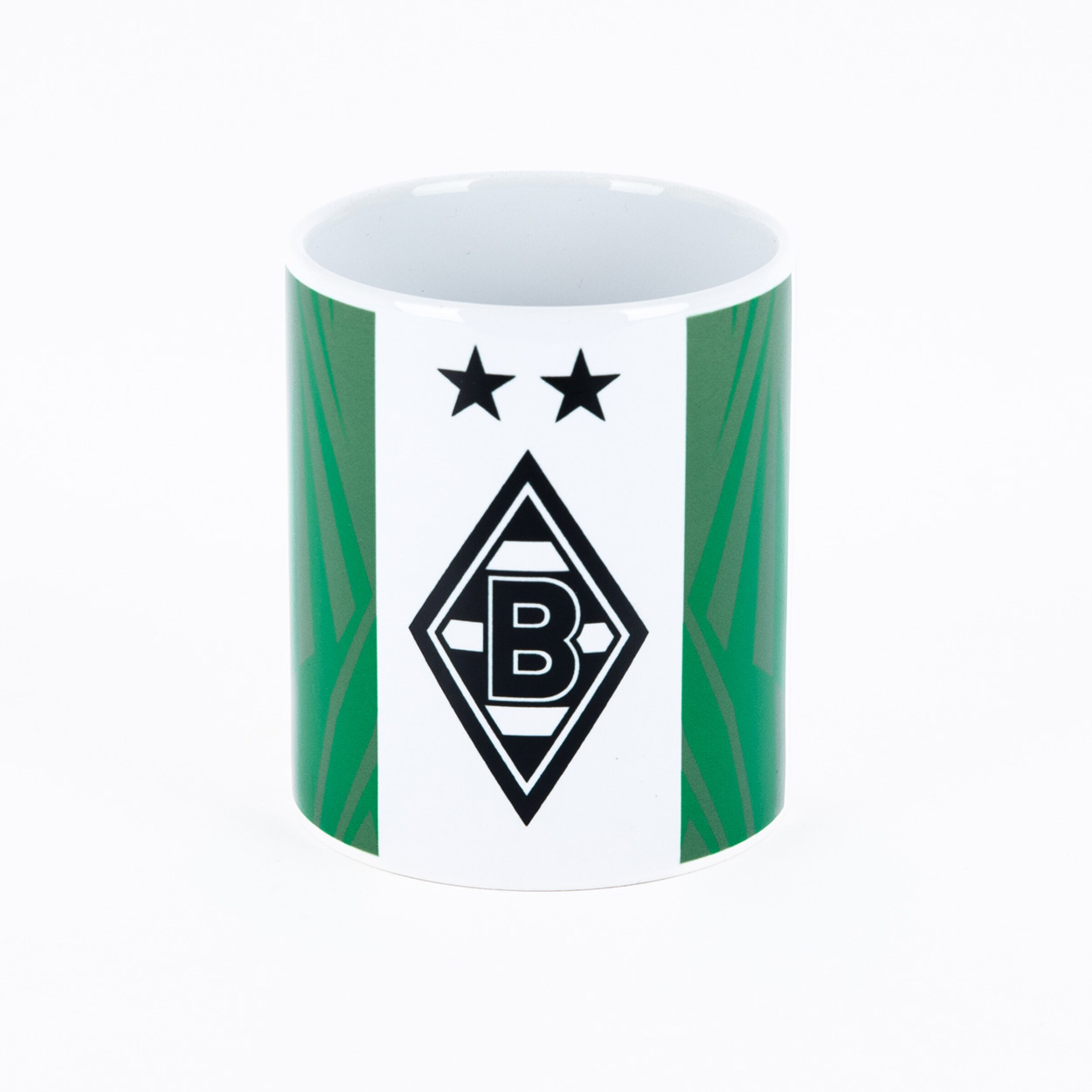 Weiße Tasse mit grünem Design und dem Borussia Mönchengladbach-Logo.