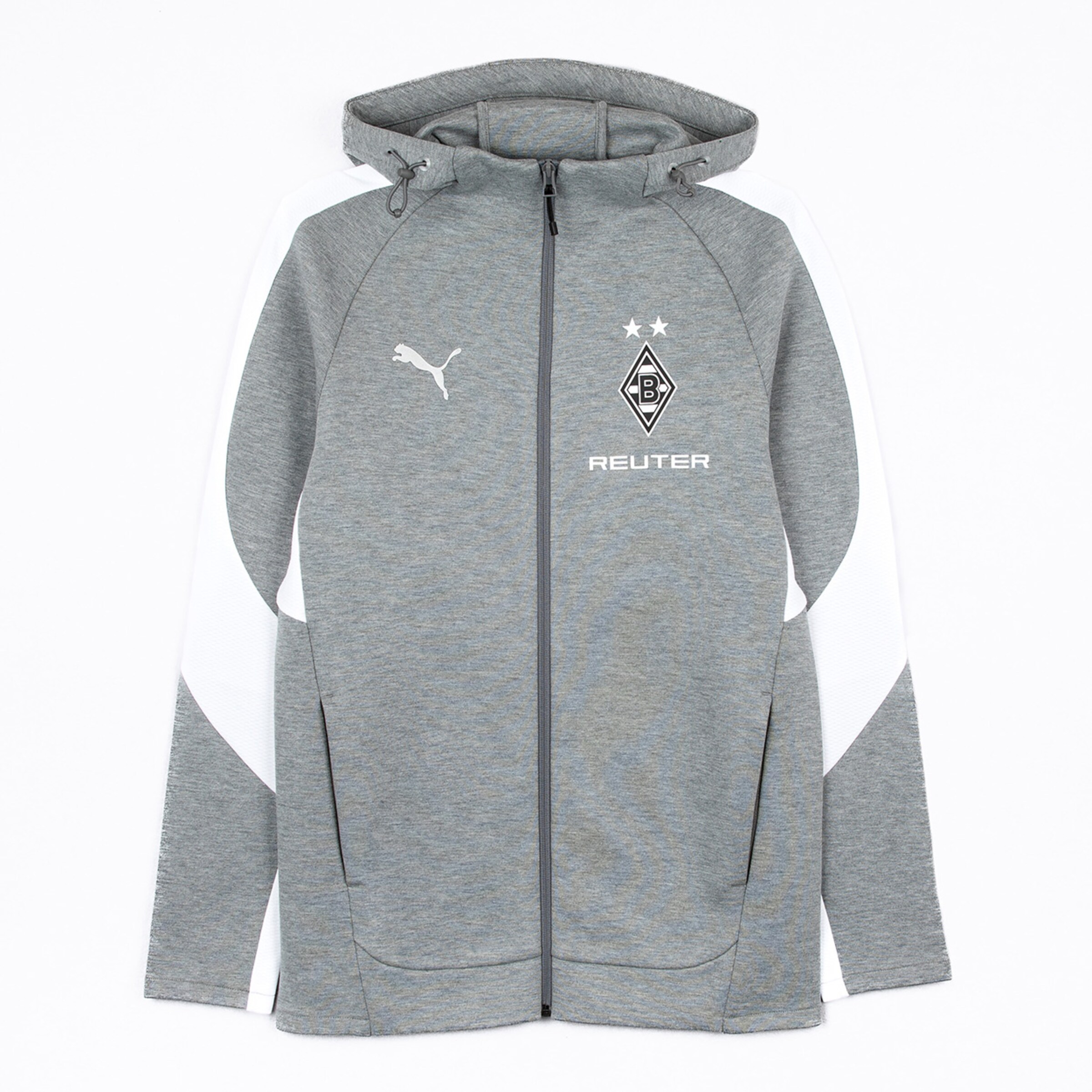 Grau-oranges Trainingsjacke von Puma mit Reuter-Logo und Borussia Mönchengladbach-Emblem.