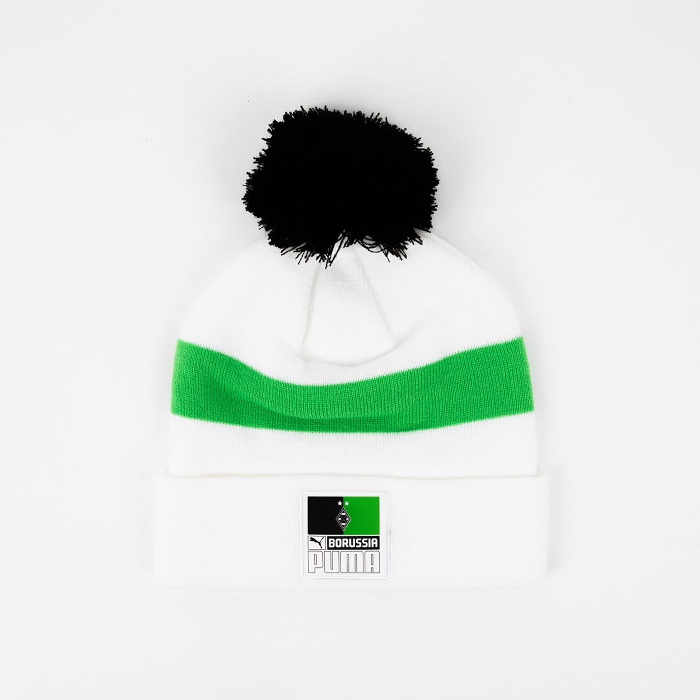 Weiße Puma-Strickmütze mit schwarzem Bommel, grünem Streifen und Borussia Mönchengladbach Logo-Patch auf dem Umschlag.