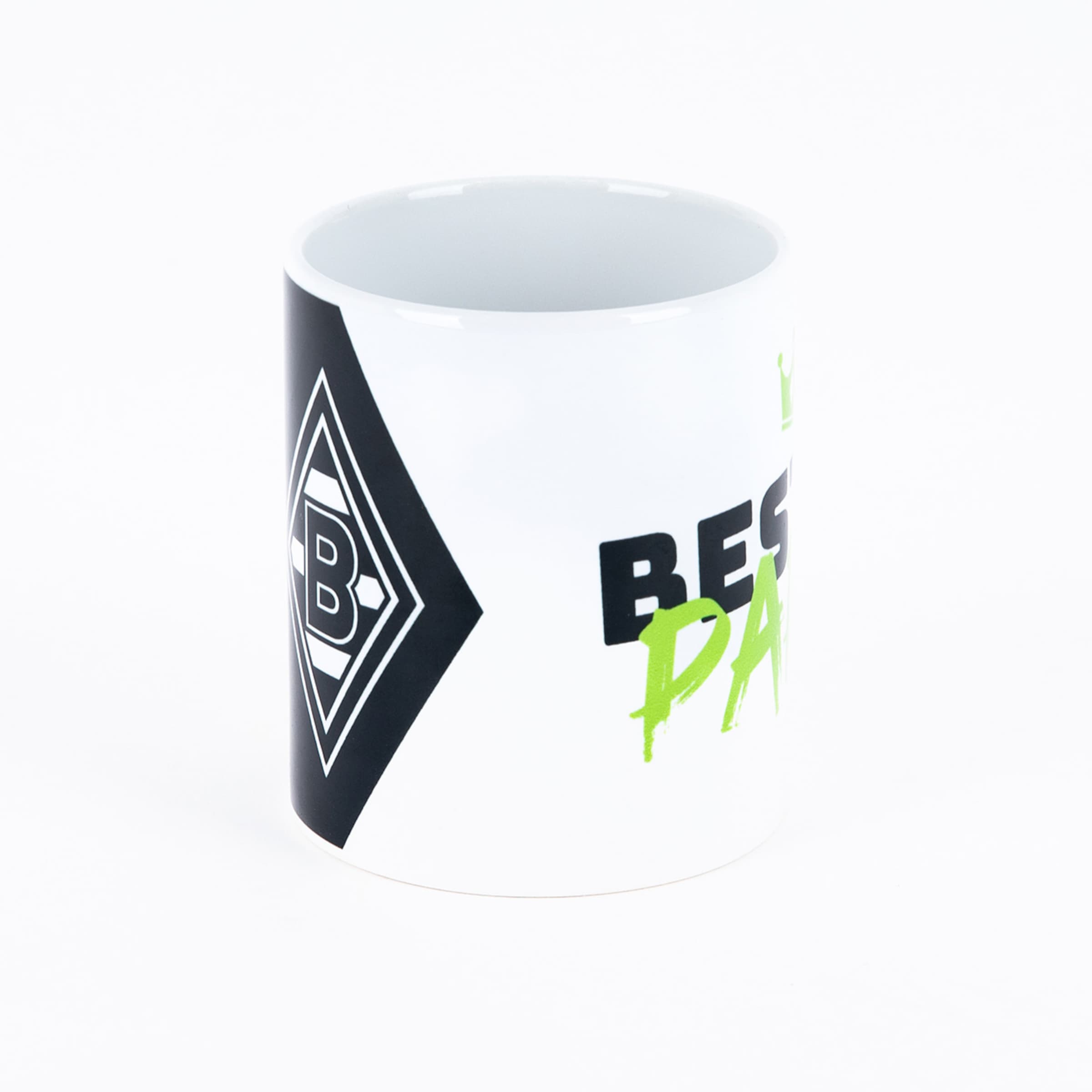 Weiße Tasse mit dem Logo von Borussia Mönchengladbach und dem neongrünen Schriftzug „BESTER PAPA“ in Graffiti-Optik.