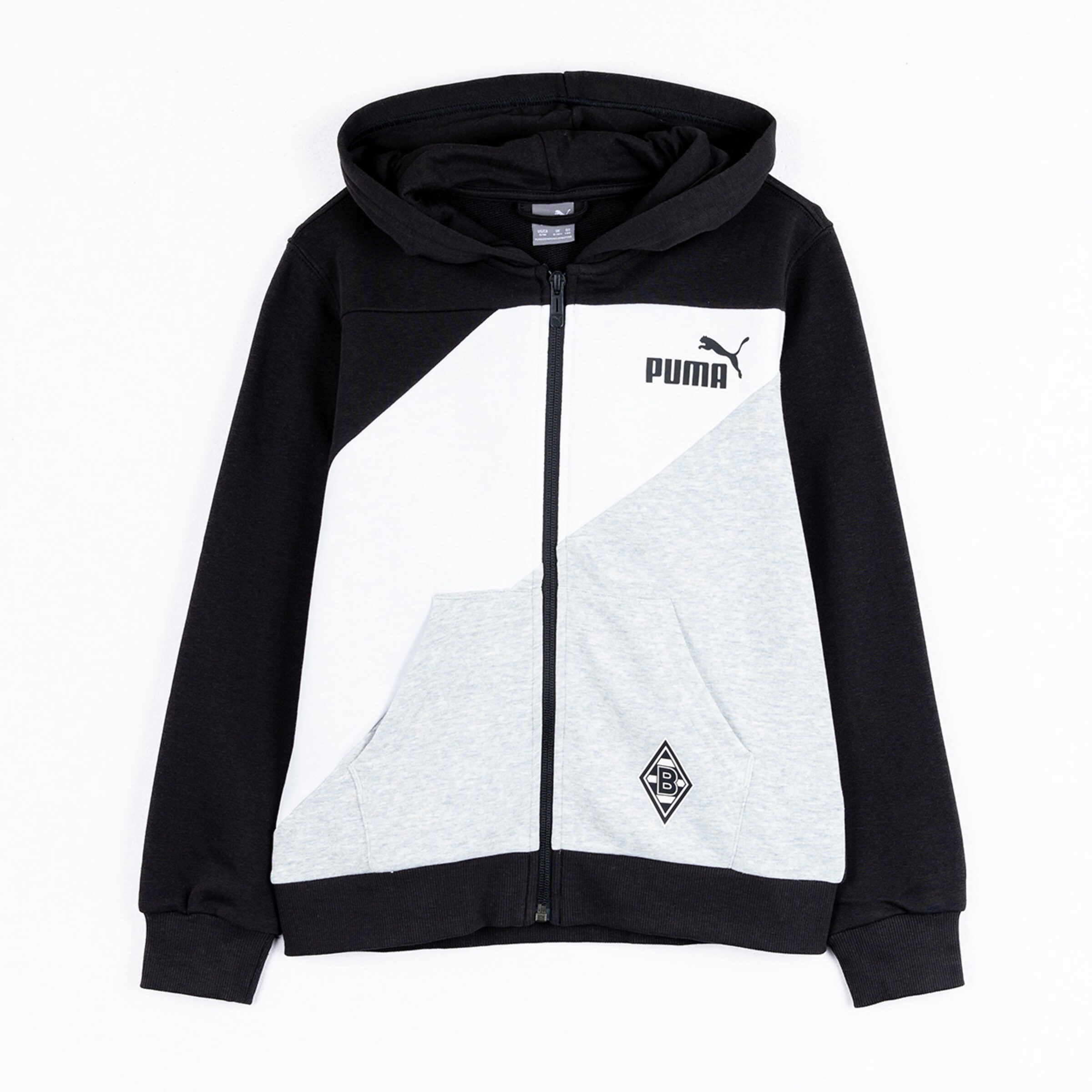 Puma zip-up hoodie for Borussia Mönchengladbach in black, white, and grey colorblock. Features team crest, brand logo, hood, and full zipper.