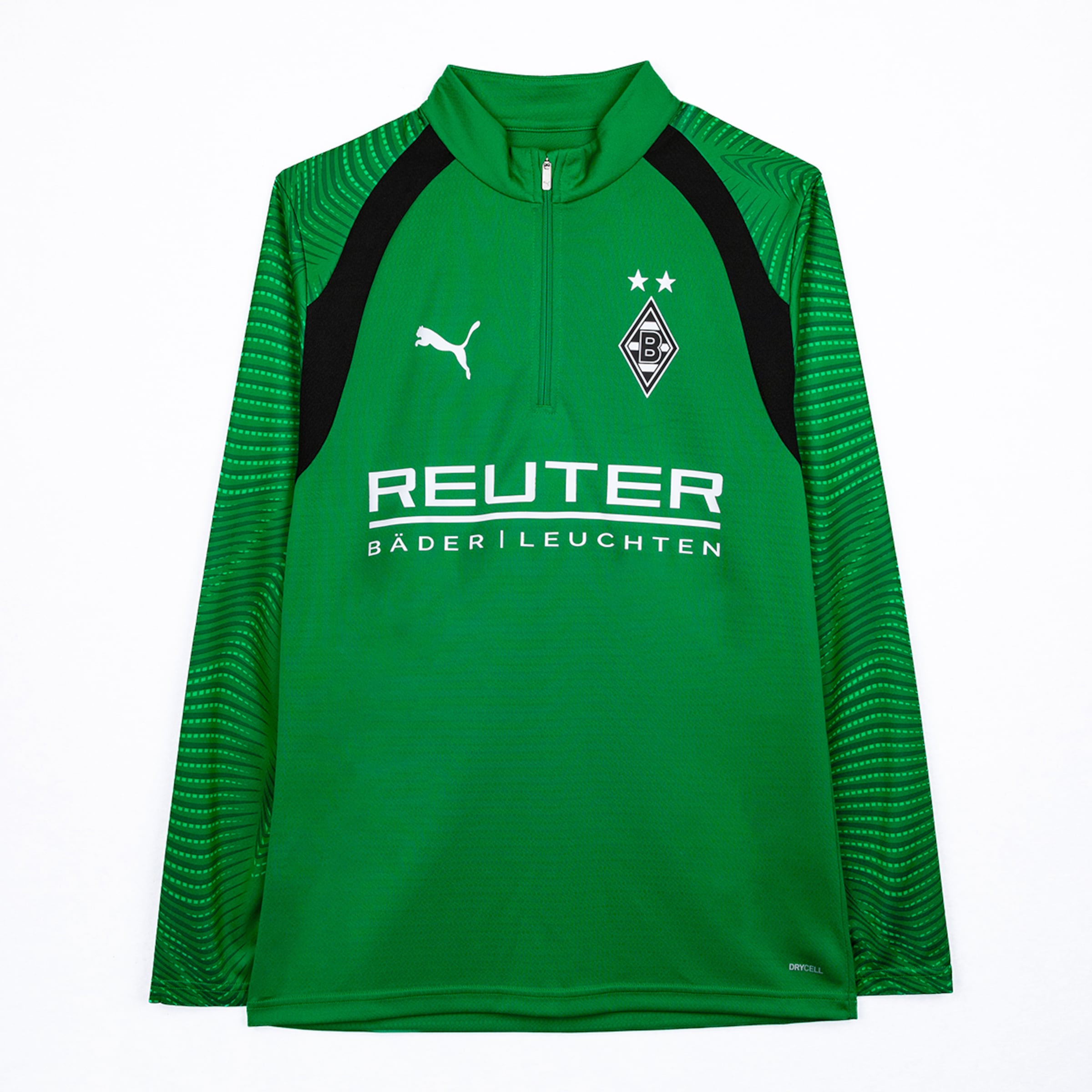 A green long-sleeved football training top with black shoulder panels and patterned sleeves. It features a half-zip, Puma logo, Borussia Mönchengladbach crest with two stars, and "REUTER" sponsor.