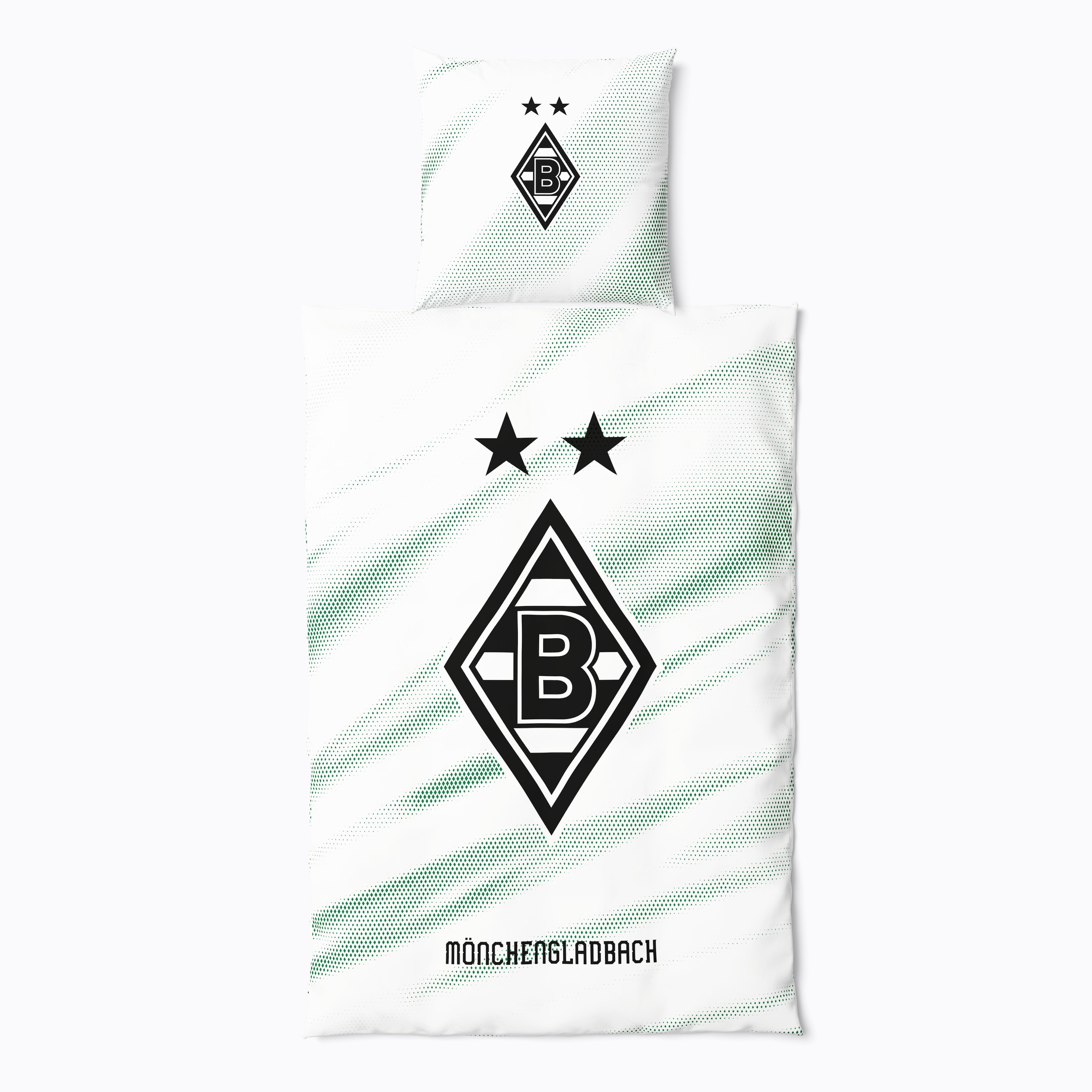 White Borussia Mönchengladbach bedding featuring the club logo, two stars, and green dotted patterns. Duvet cover and pillowcase set.
