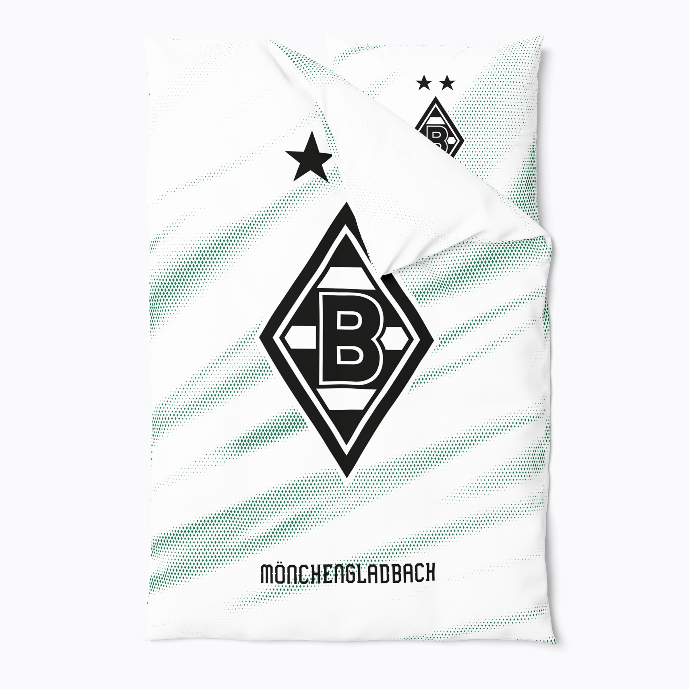 White Gladbach bedding with black diamond logo, green dotted wave patterns, and Mönchengladbach lettering at the bottom.