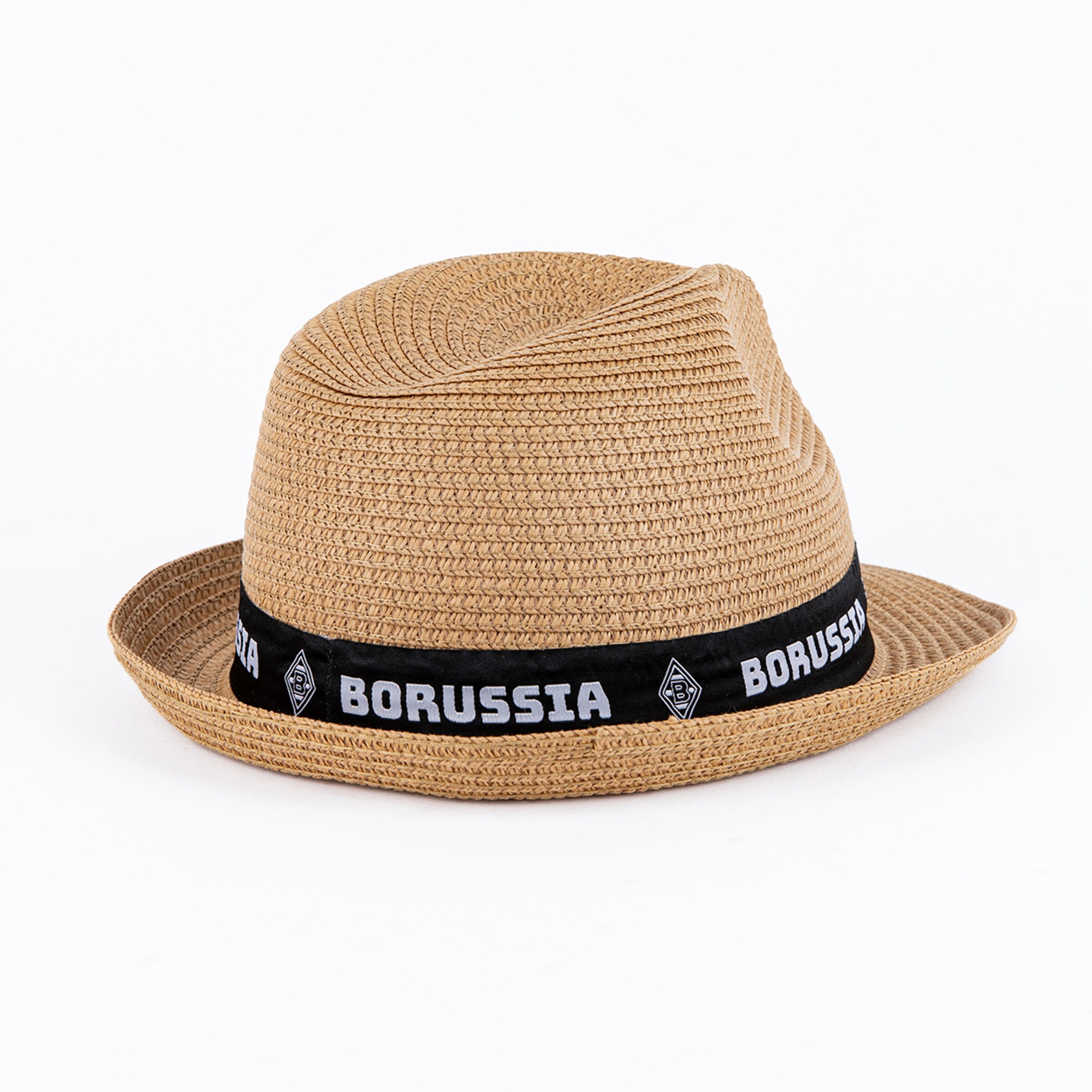 Tan straw hat with a black band featuring white 'BORUSSIA' text and the Borussia Mönchengladbach logo on a white background.