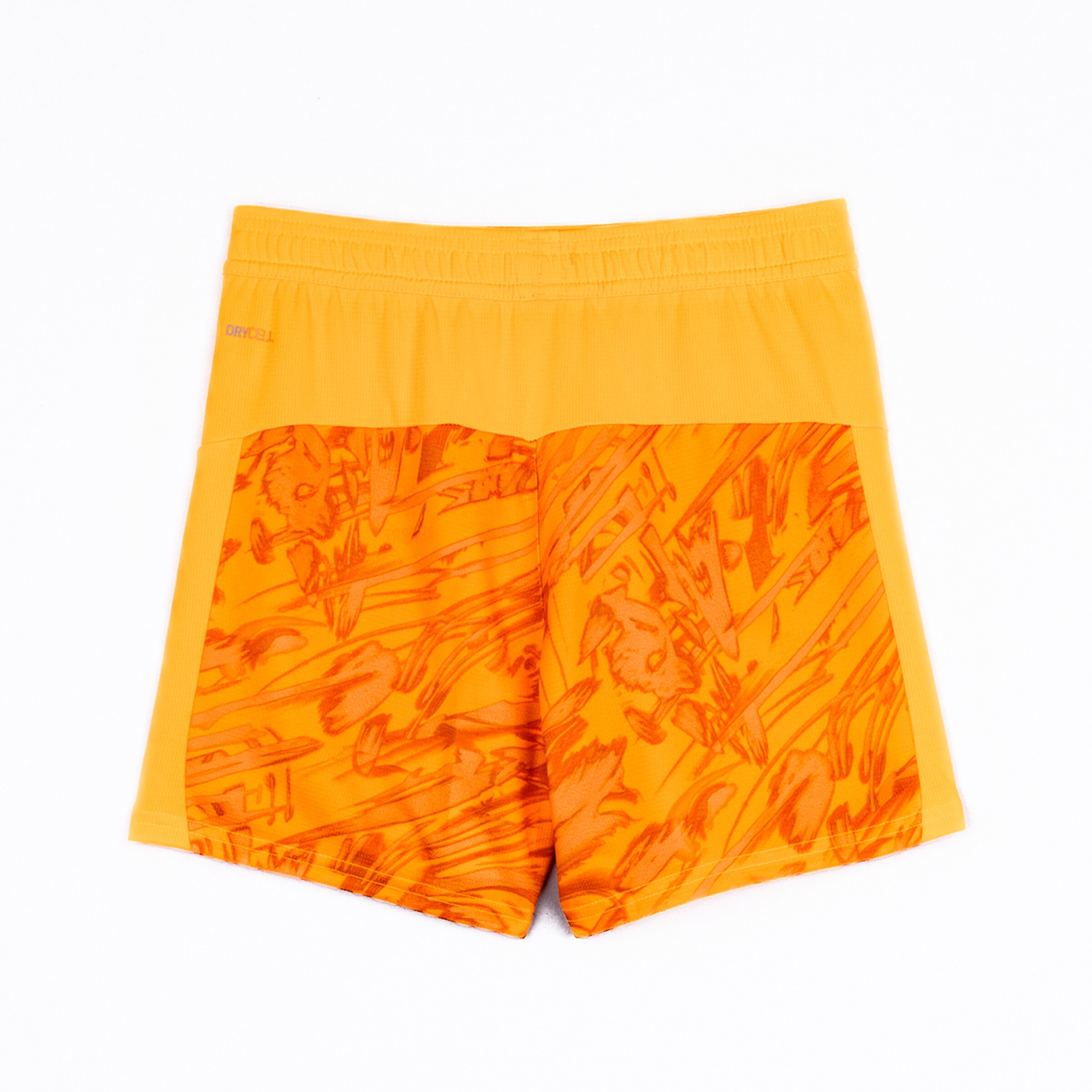 Orangene Shorts mit einzigartigem abstraktem Muster in zwei verschiedenen Texturen.