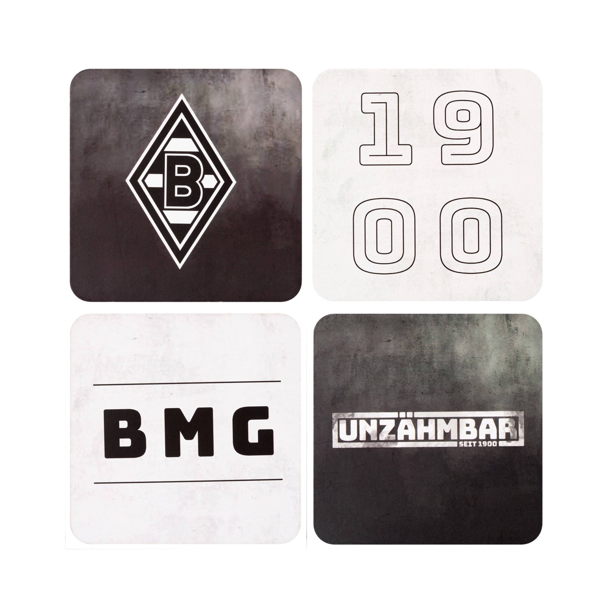 Verschiedene grafische Elemente mit Logos und Texten: Borussia Mönchengladbach Jahreszahl 1900 BMG und ‚UNZÄHMBAR SEIT 1900‘.