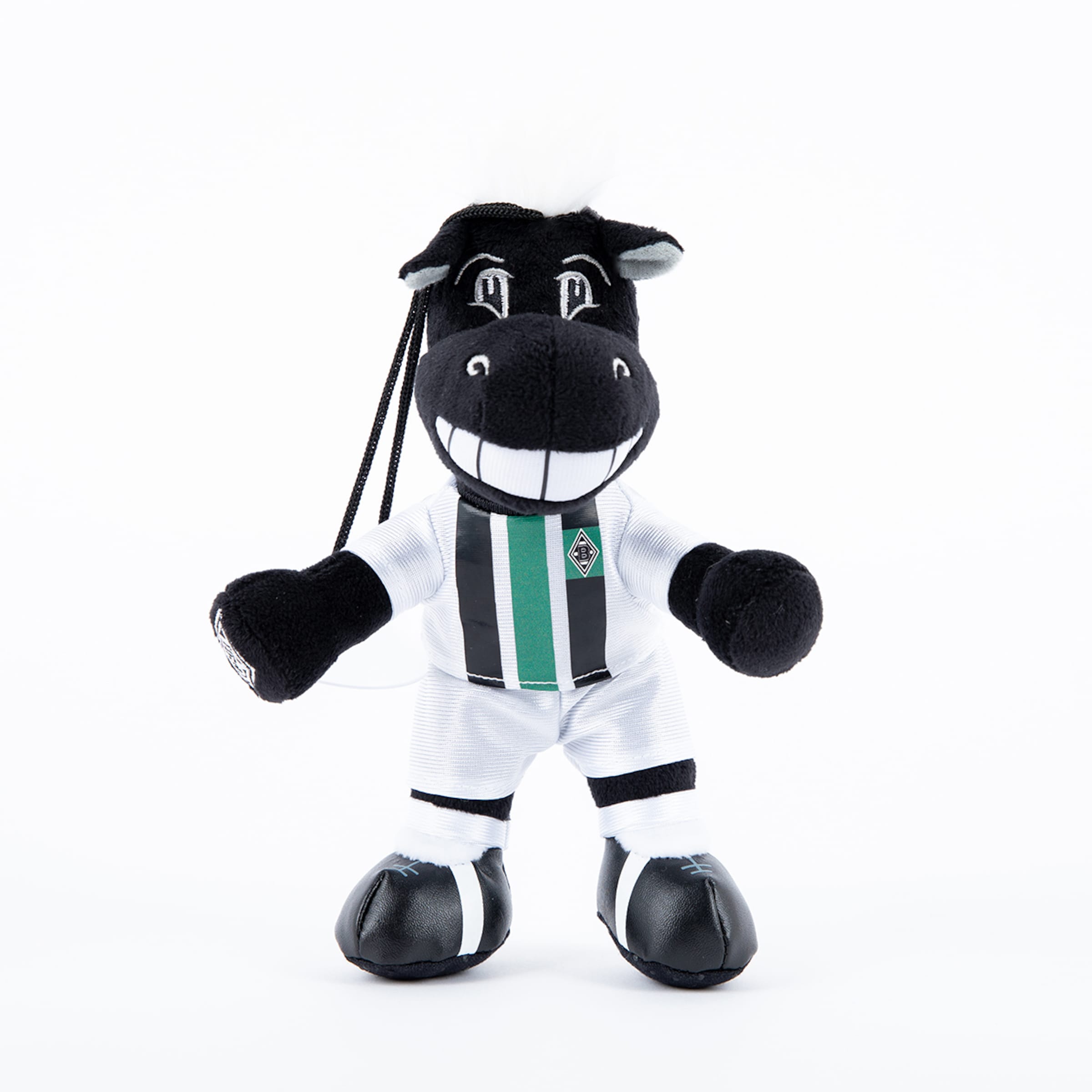 Plüschmaskottchen in Schwarz-Weiß mit Borussia Mönchengladbach Trikot.