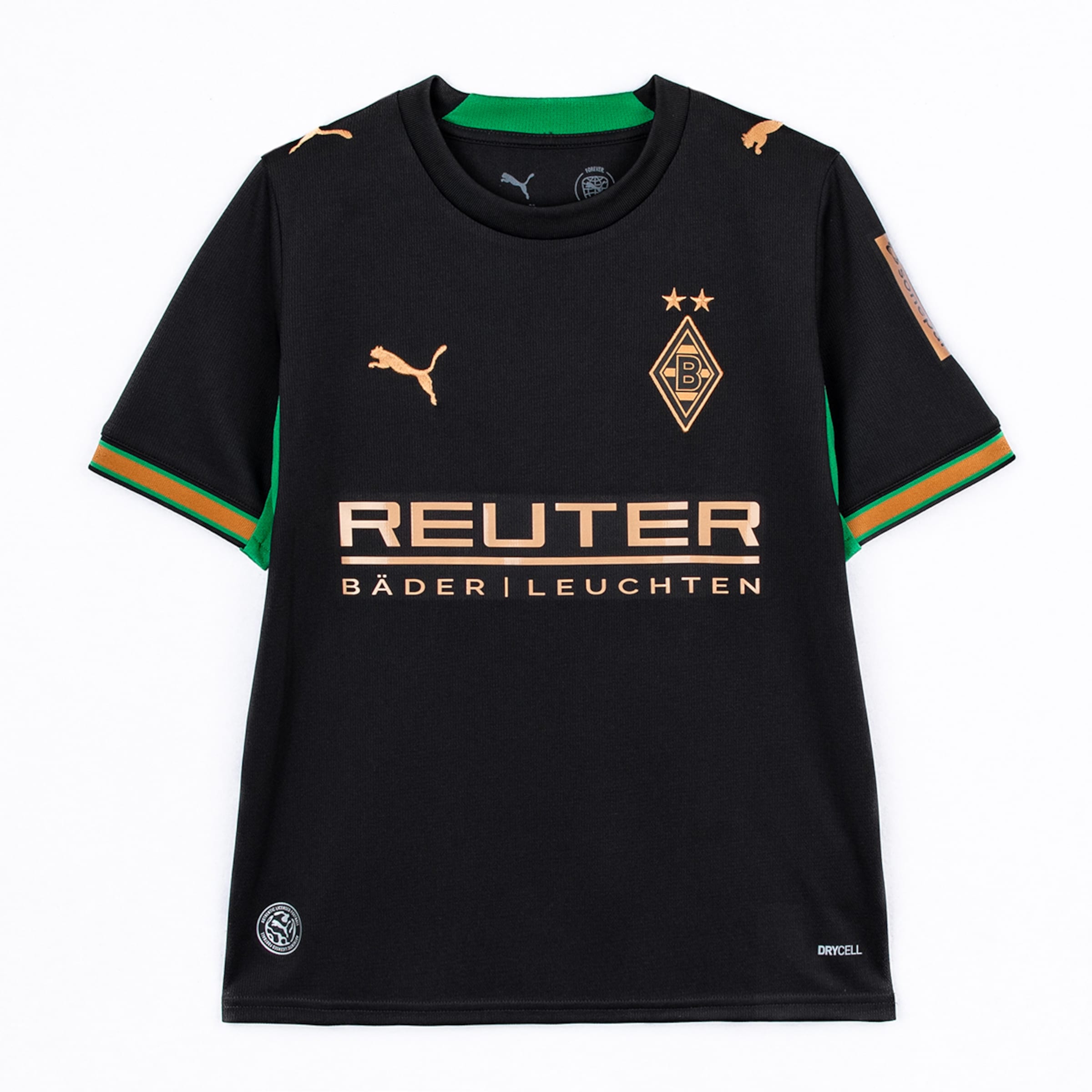 Schwarzes Borussia Mönchengladbach Trikot von Puma mit bronzenen Logos und grünen Akzenten an Ärmeln und Kragen.