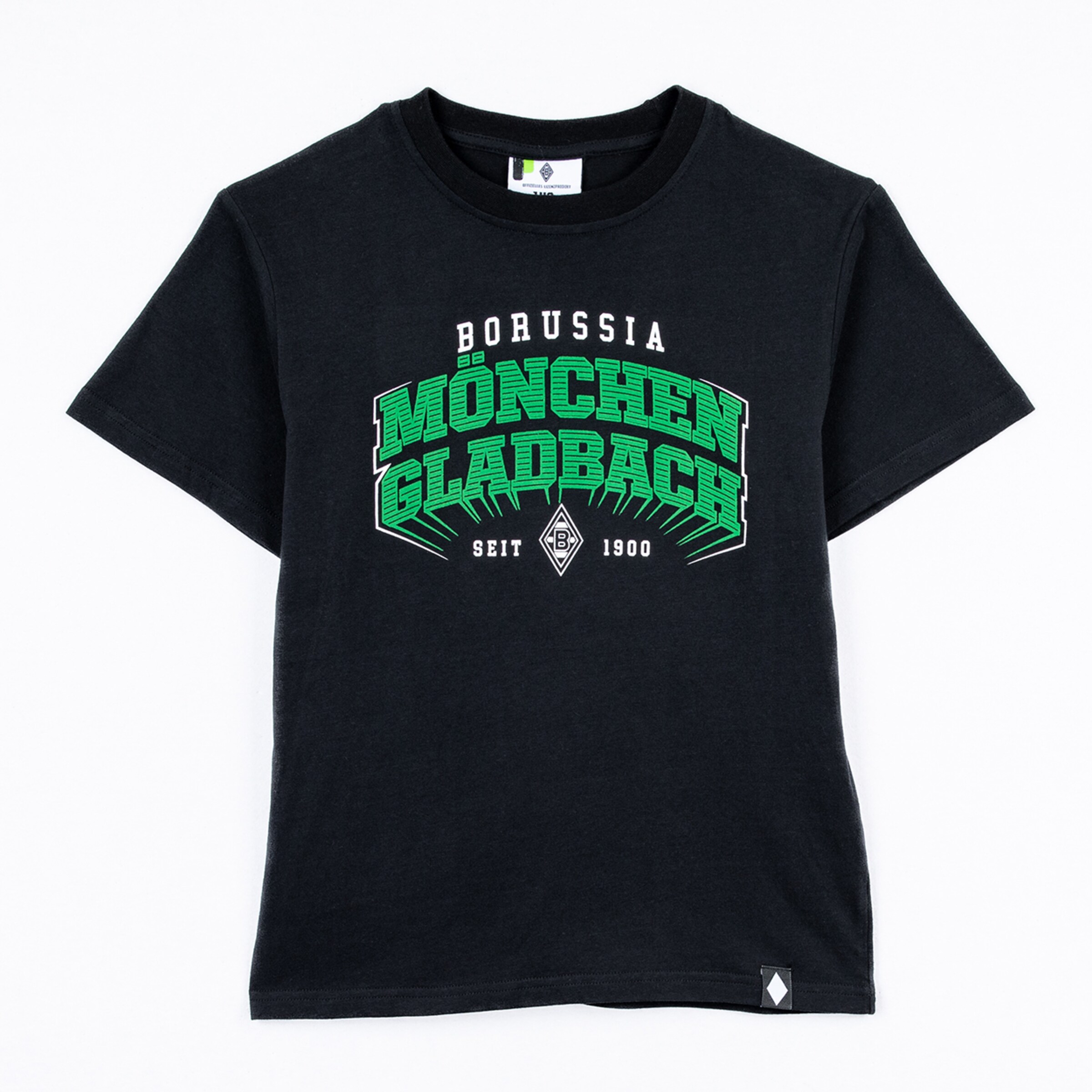 Black T-shirt with the print BORUSSIA MÖNCHENGLADBACH SEIT 1900 in green and white.