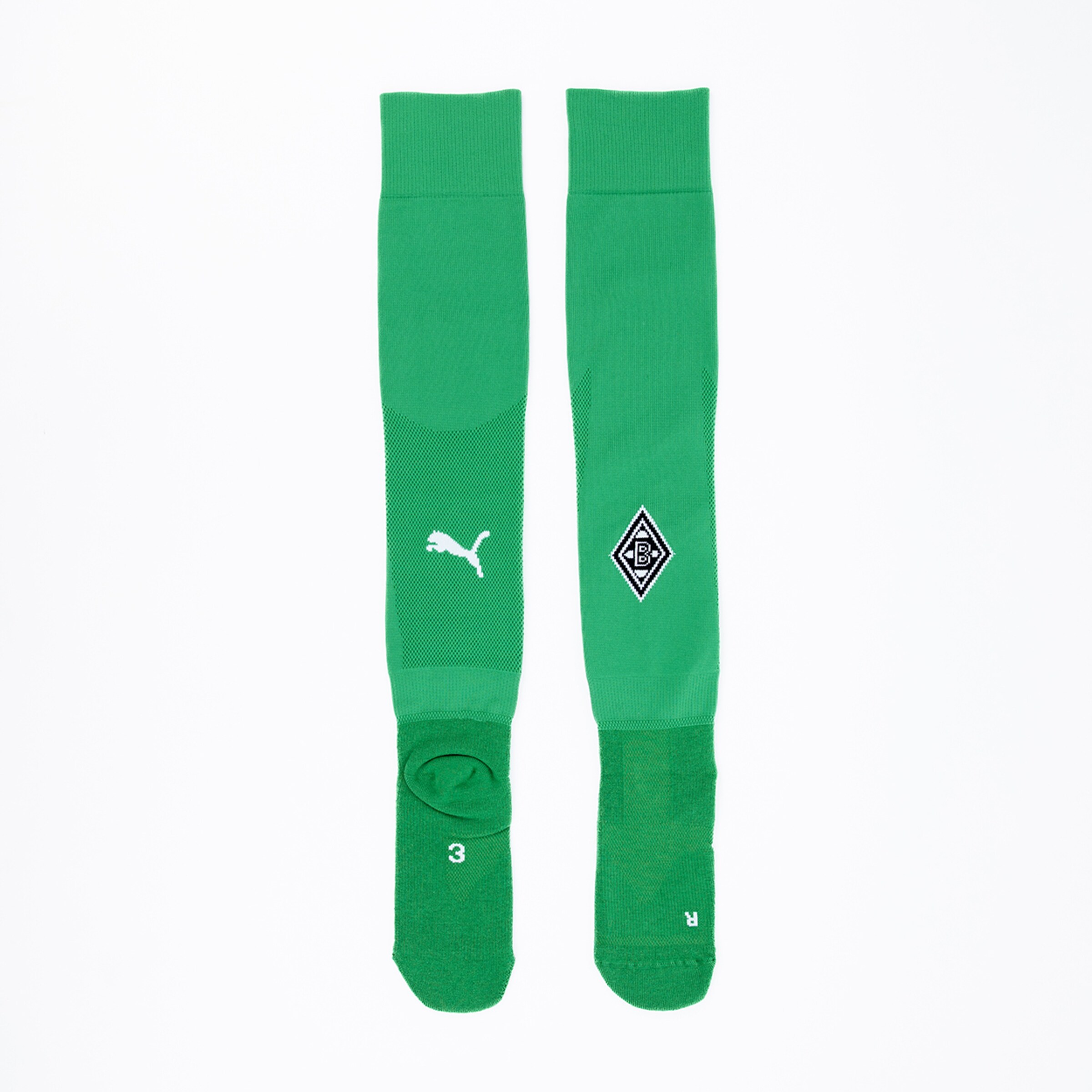 Green soccer socks by Puma featuring Borussia Mönchengladbach logo and numbering.