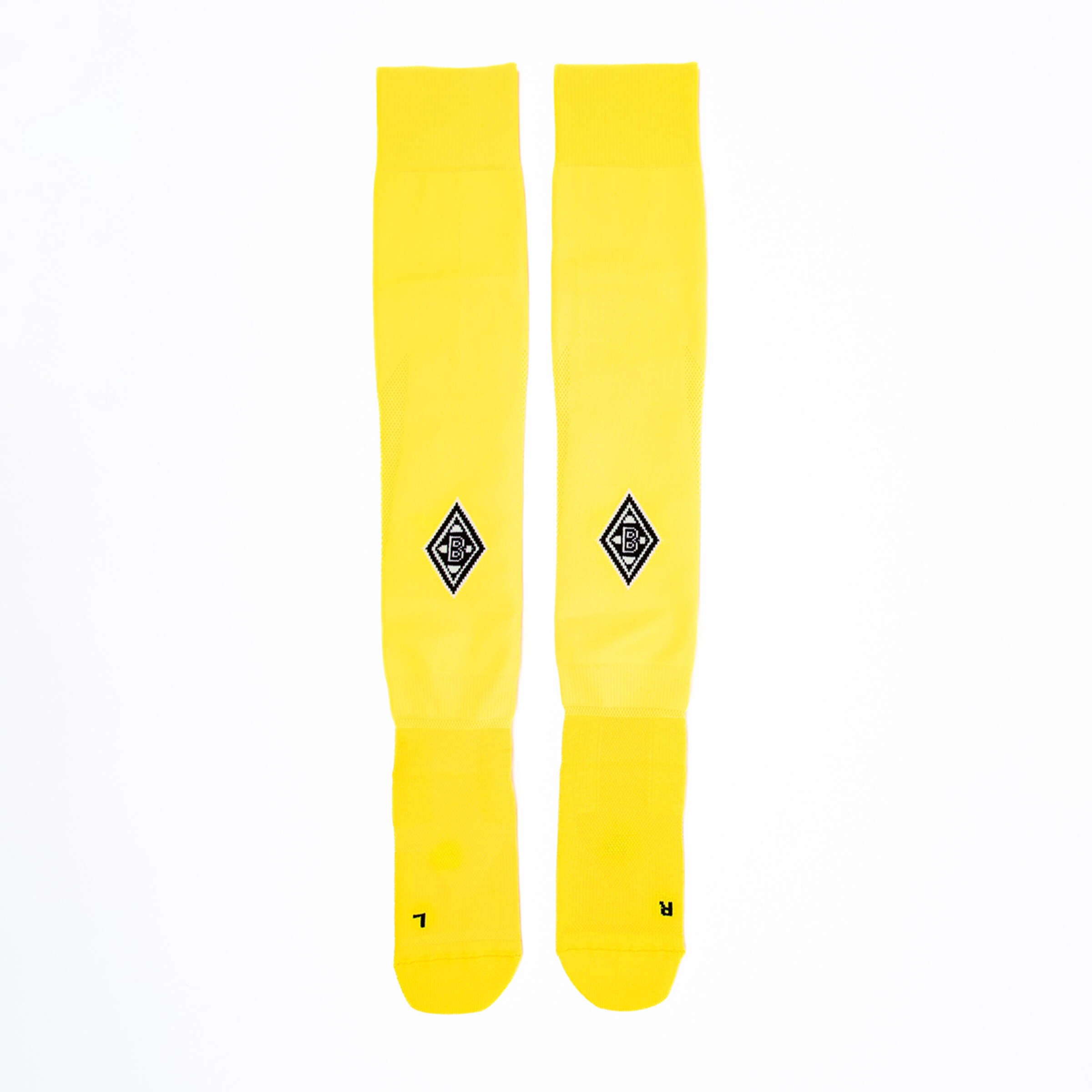 Yellow soccer socks with black Borussia Mönchengladbach logo.