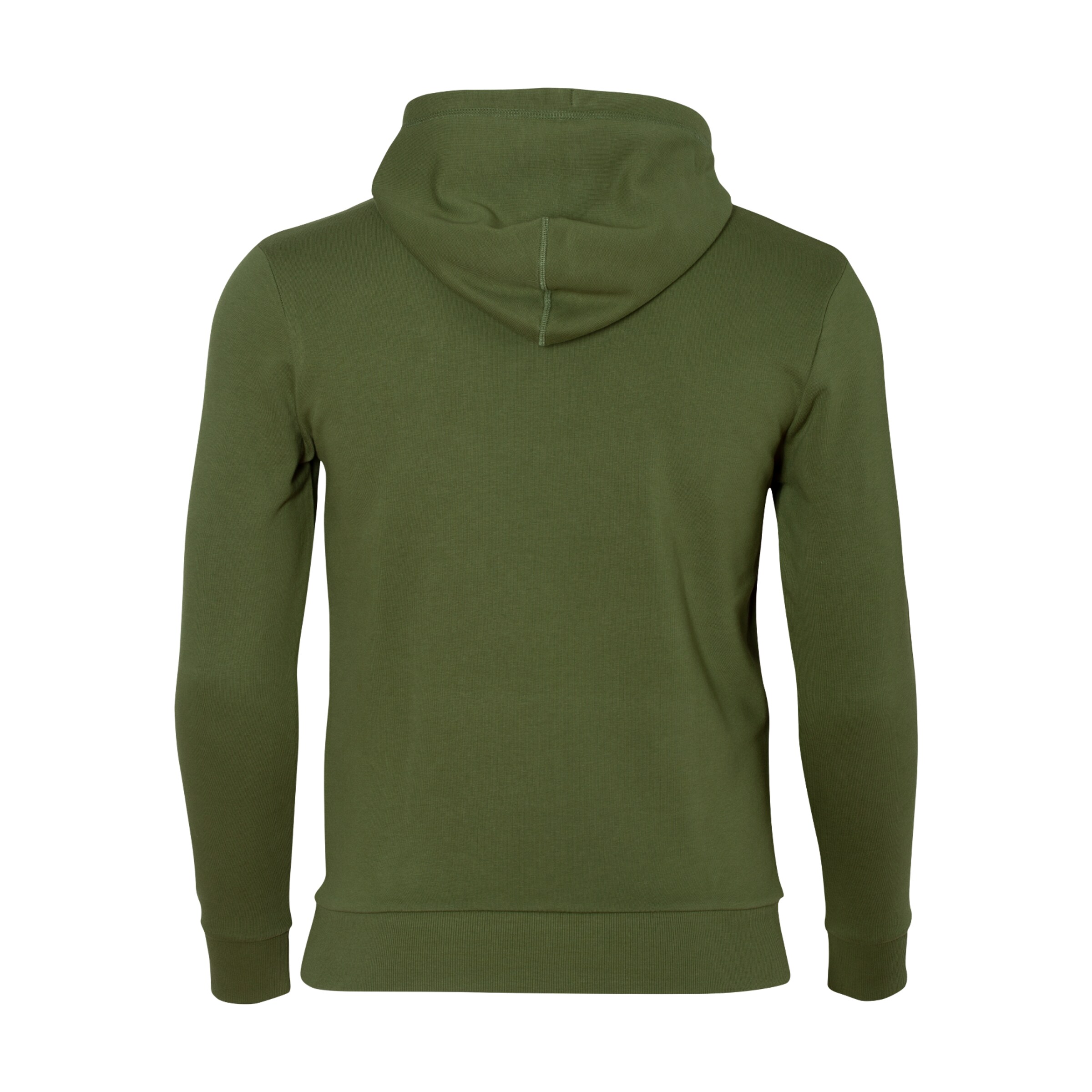 Rückansicht eines olivgrünen Hoodies ohne Muster.