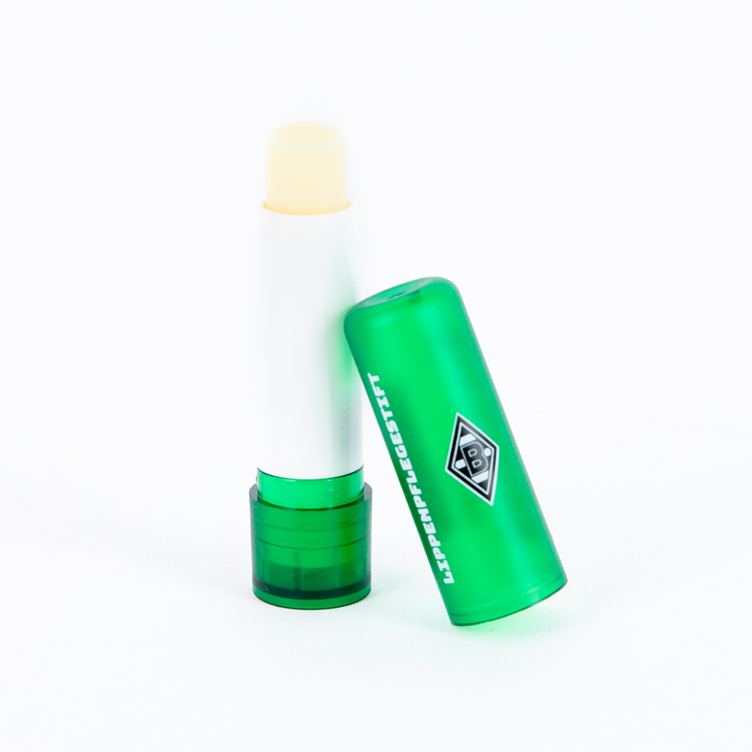 Lippenbalsam in grünem Behälter mit Logo von Borussia Mönchengladbach.
