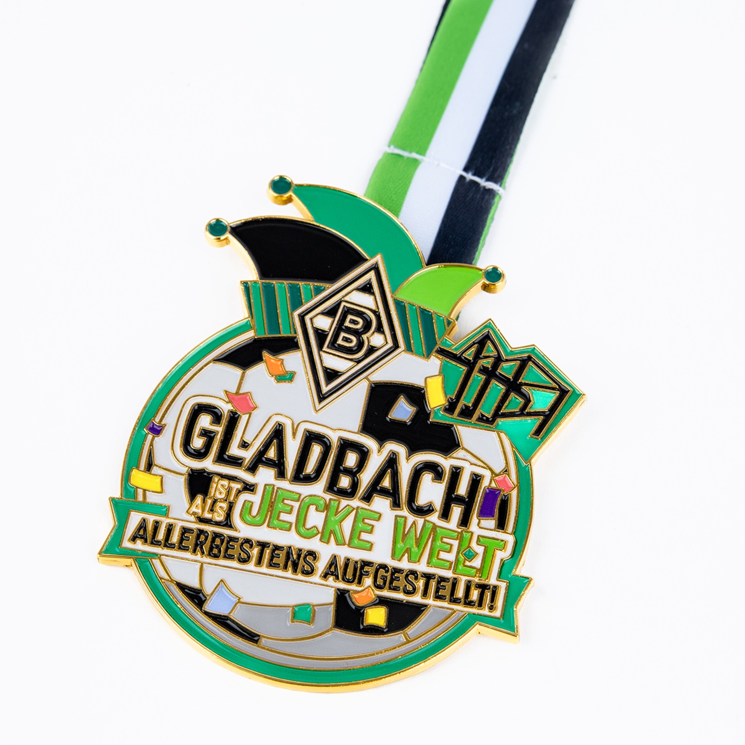 Carnival medal of Borussia Mönchengladbach with logo, jester's hat, and slogan: „GLADBACH IST ALS JECKE WELT ALLERBESTENS AUFGESTELLT!“.