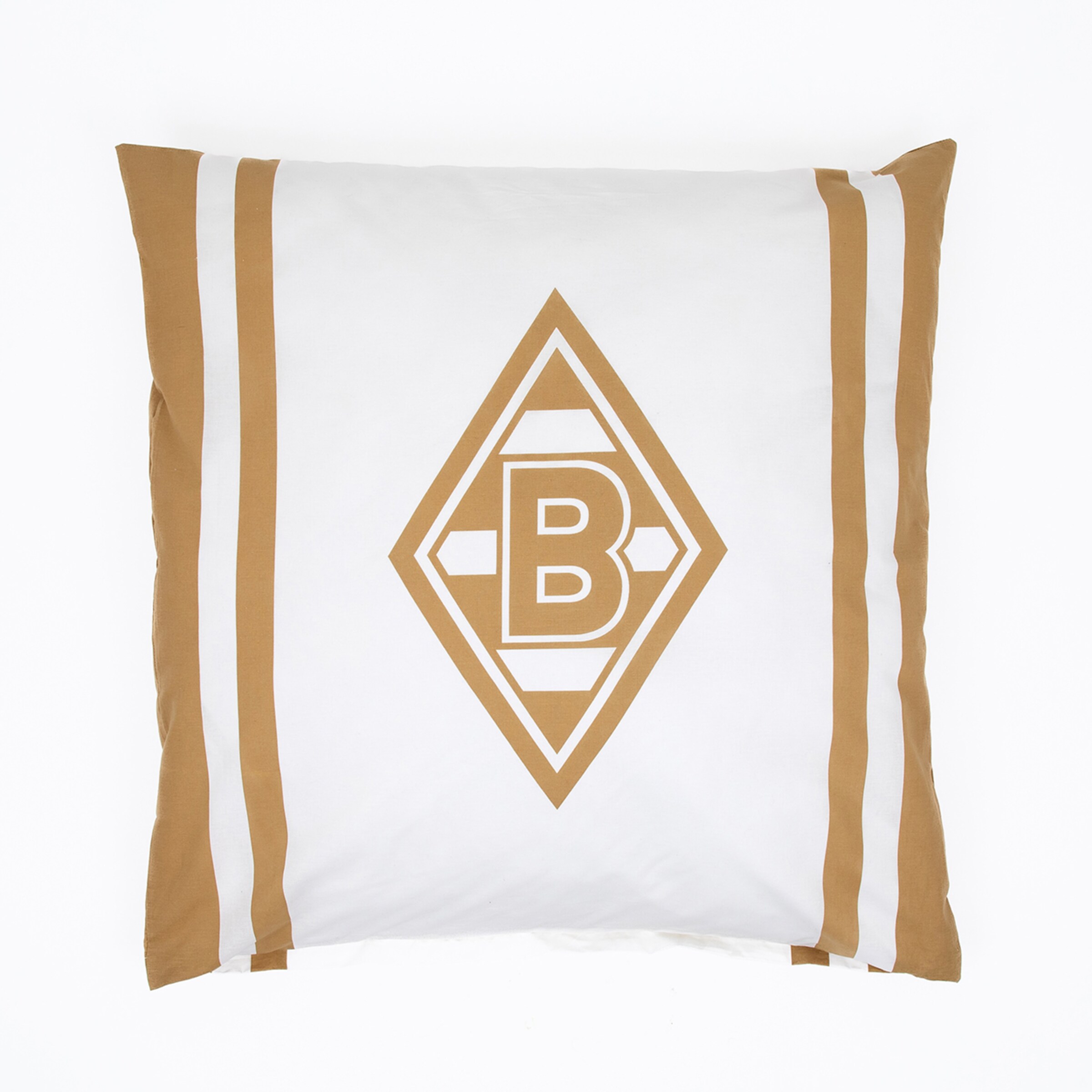 Weißes Kissen mit goldfarbenem Borussia Mönchengladbach Rauten-Logo und vertikalen Streifen an den Seiten.