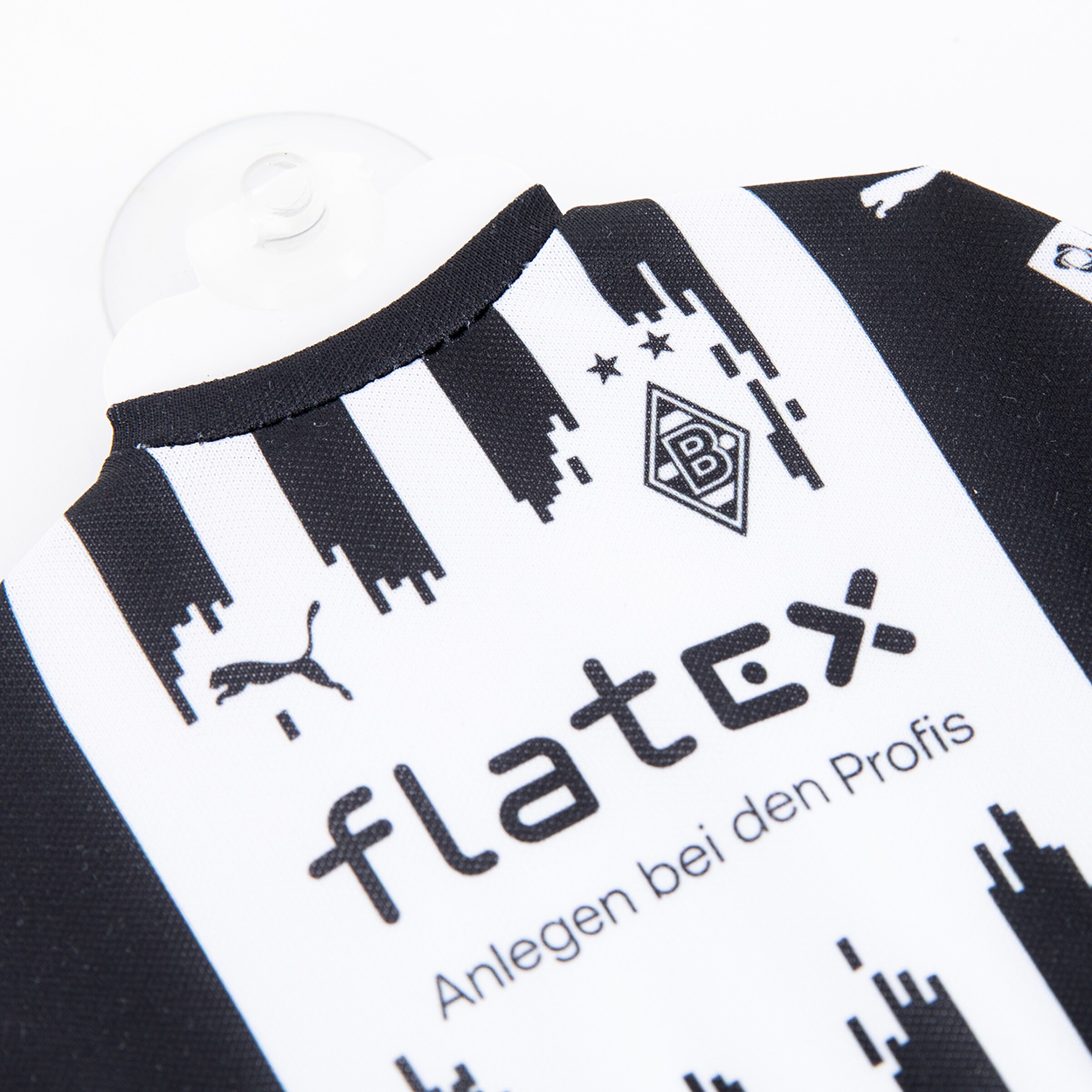 Mini-Trikot von Borussia Mönchengladbach in Schwarz-Weiß mit flatex-Logo, Vereinswappen und Saugnapf.