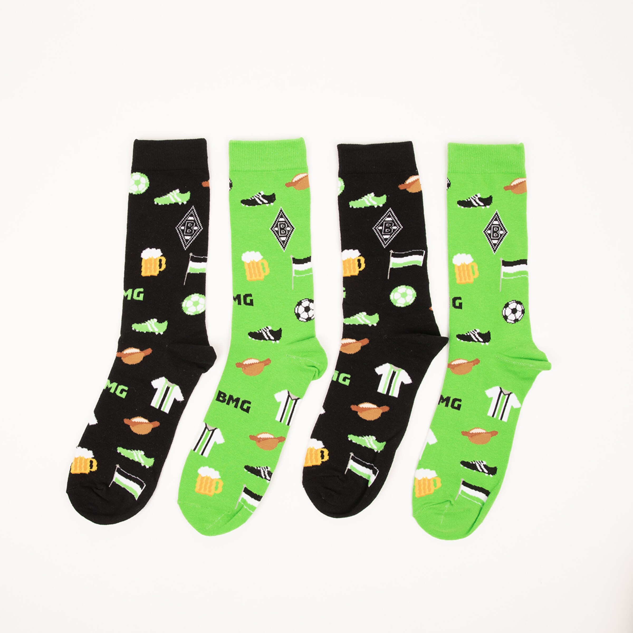 Socks in black and green featuring various soccer motifs and club logos.