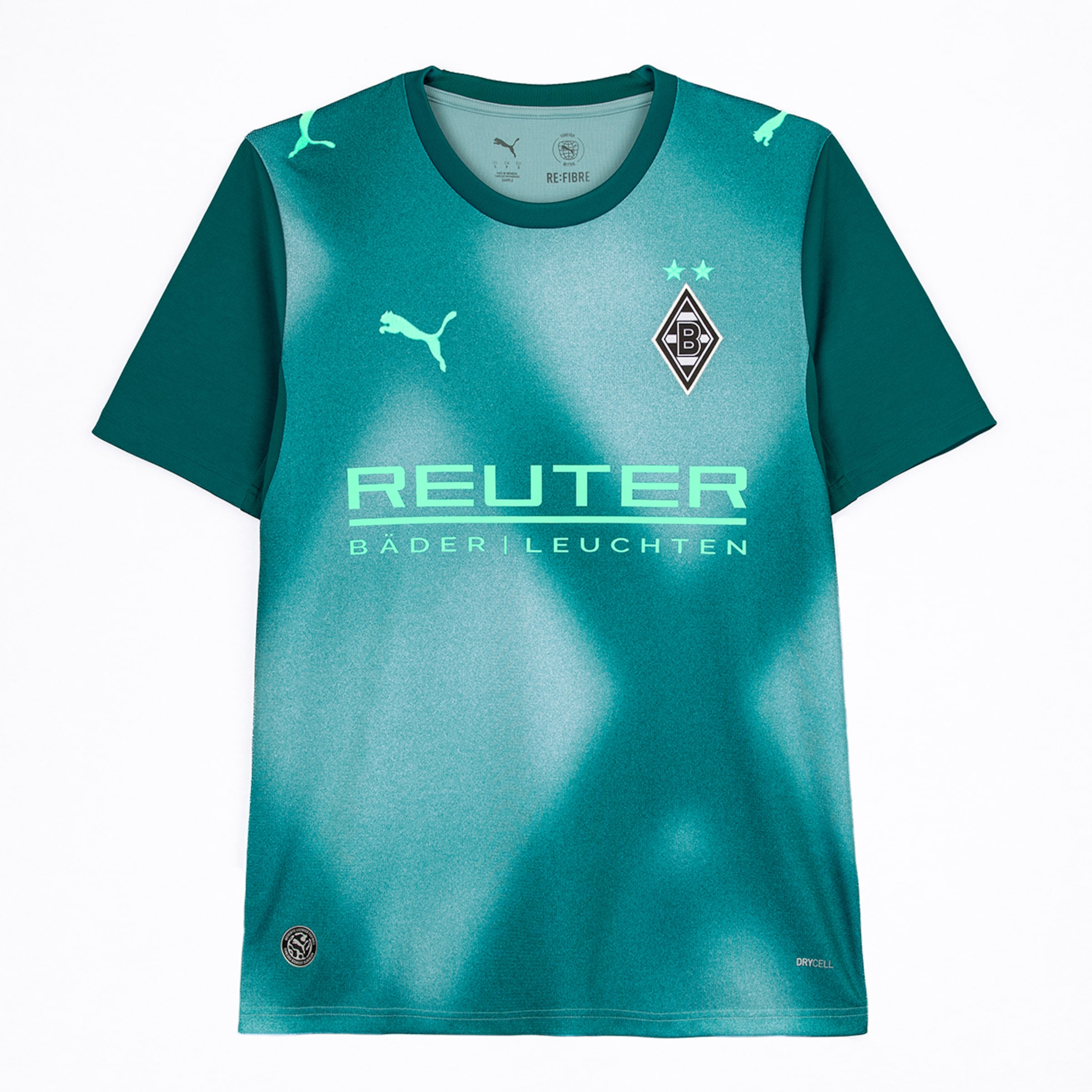 Borussia Mönchengladbach 23-24 Heimtrikot. Türkis-farbiger Verlauf auf der Vorderseite mit 'REUTER' Sponsor, dunkelgrünen Ärmeln/Kragen, Puma-Logo und Vereinswappen mit zwei Sternen.