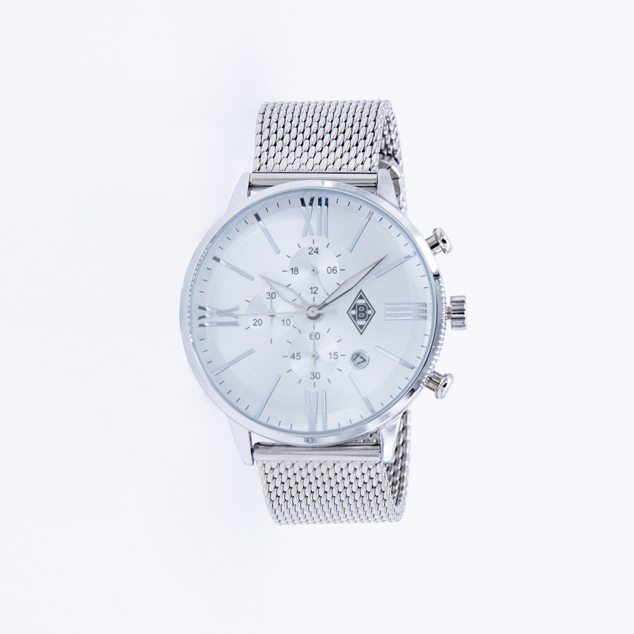 Silberne Armbanduhr mit Mesh-Armband und weißem Zifferblatt.